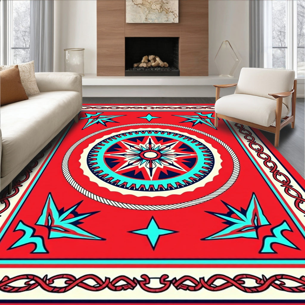 Crimson Nautical Compass Star Rug