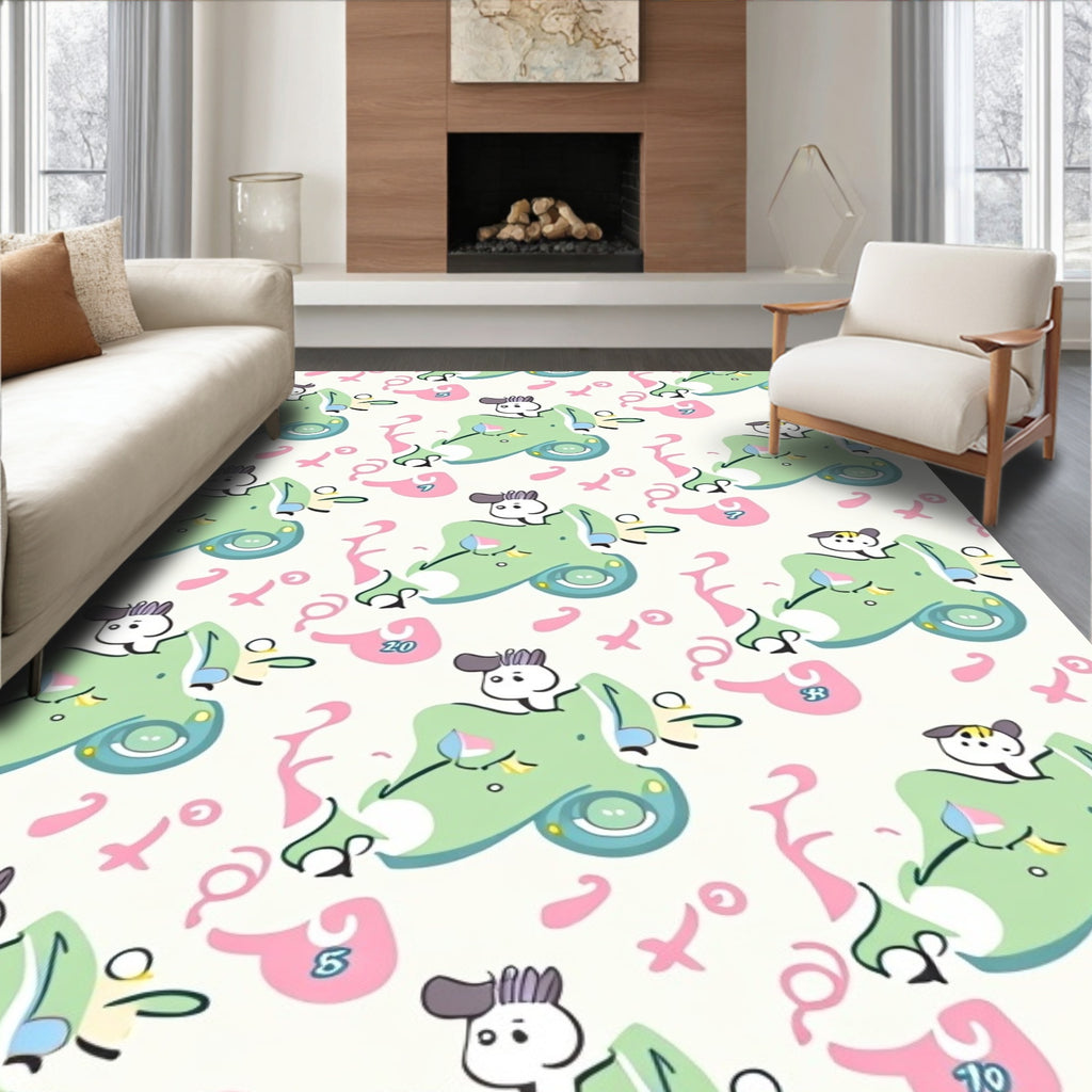 Whimsical Green Creature Pink Swirls Rug