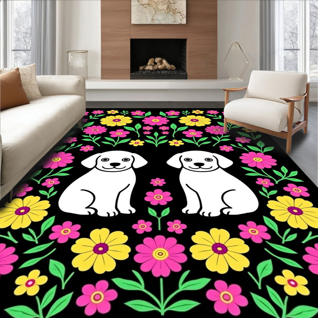 Two Cute White Puppies Floral Garden Rug