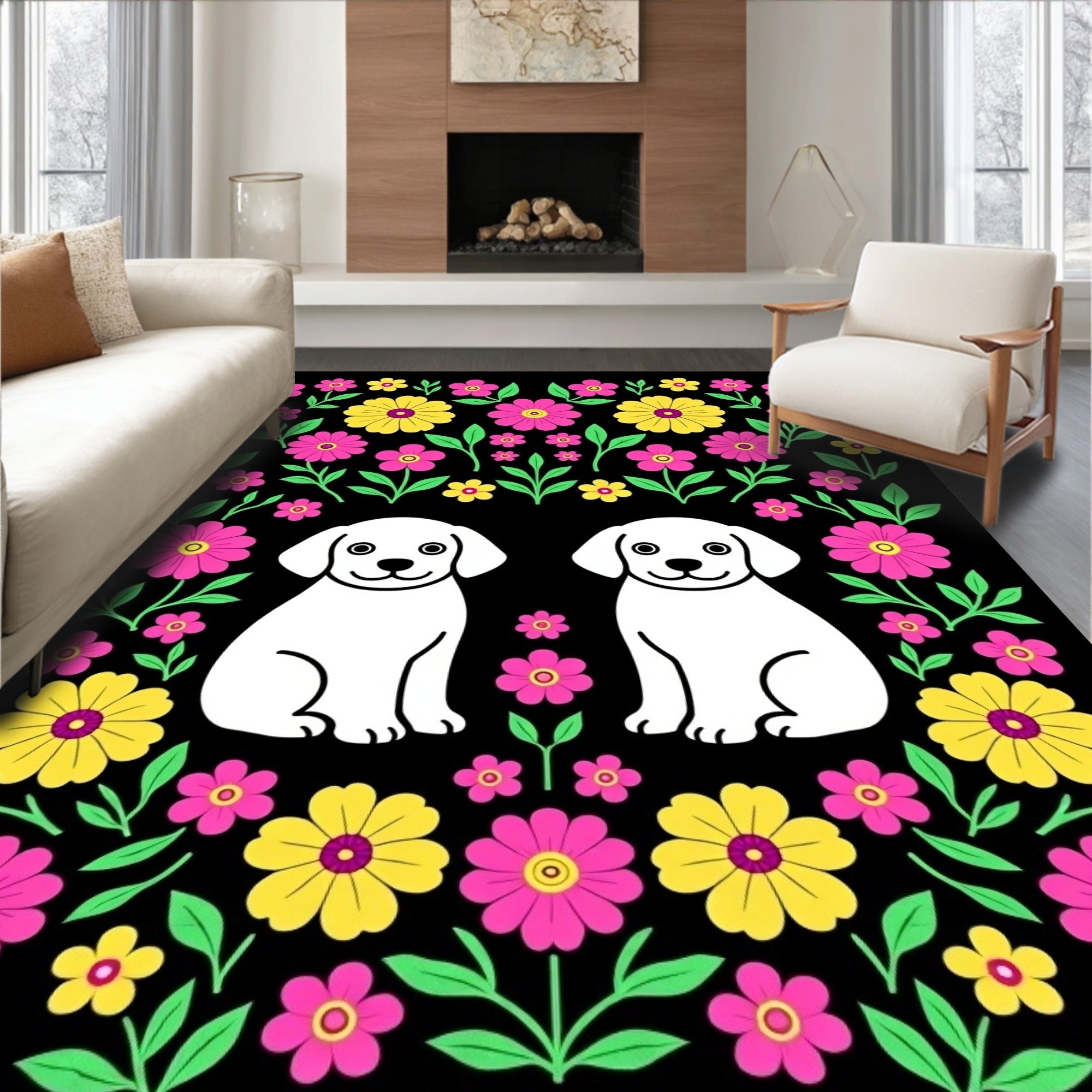 Two Cute White Puppies Floral Garden Rug