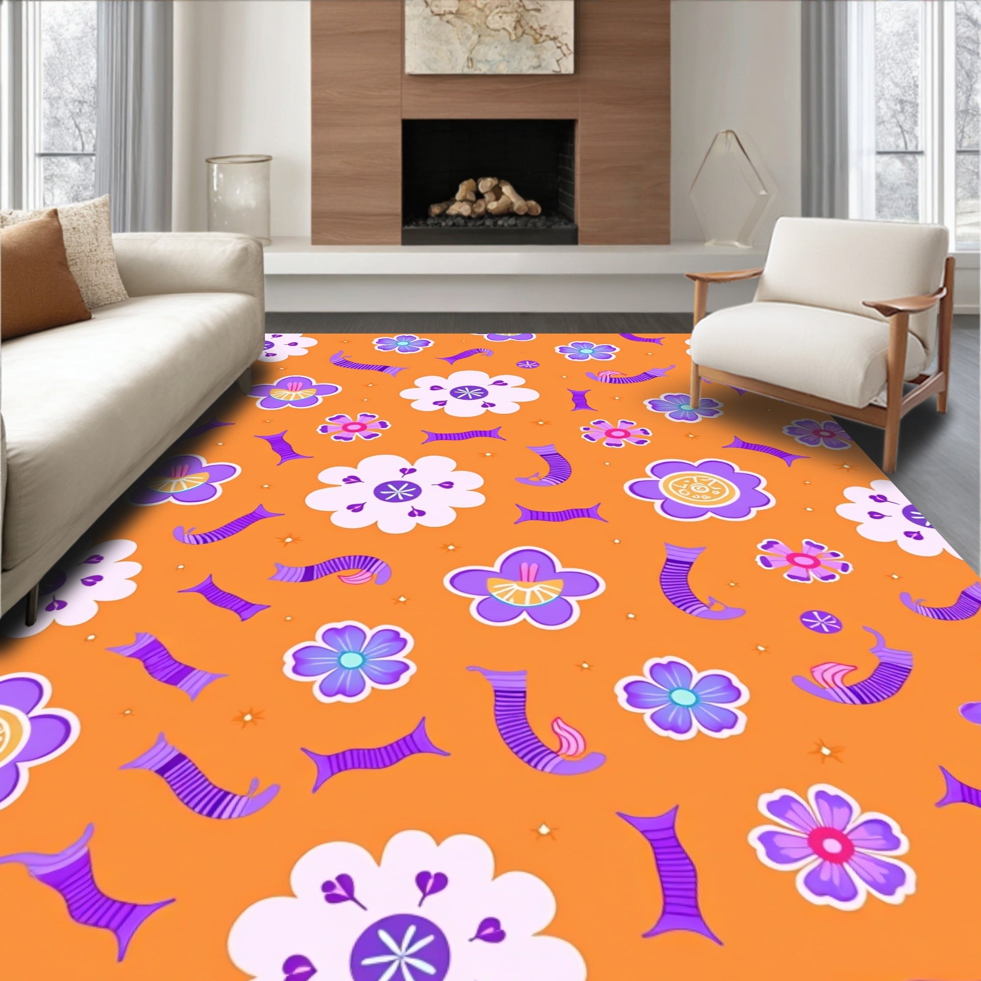 Retro Purple Floral Stripe Accents Rug
