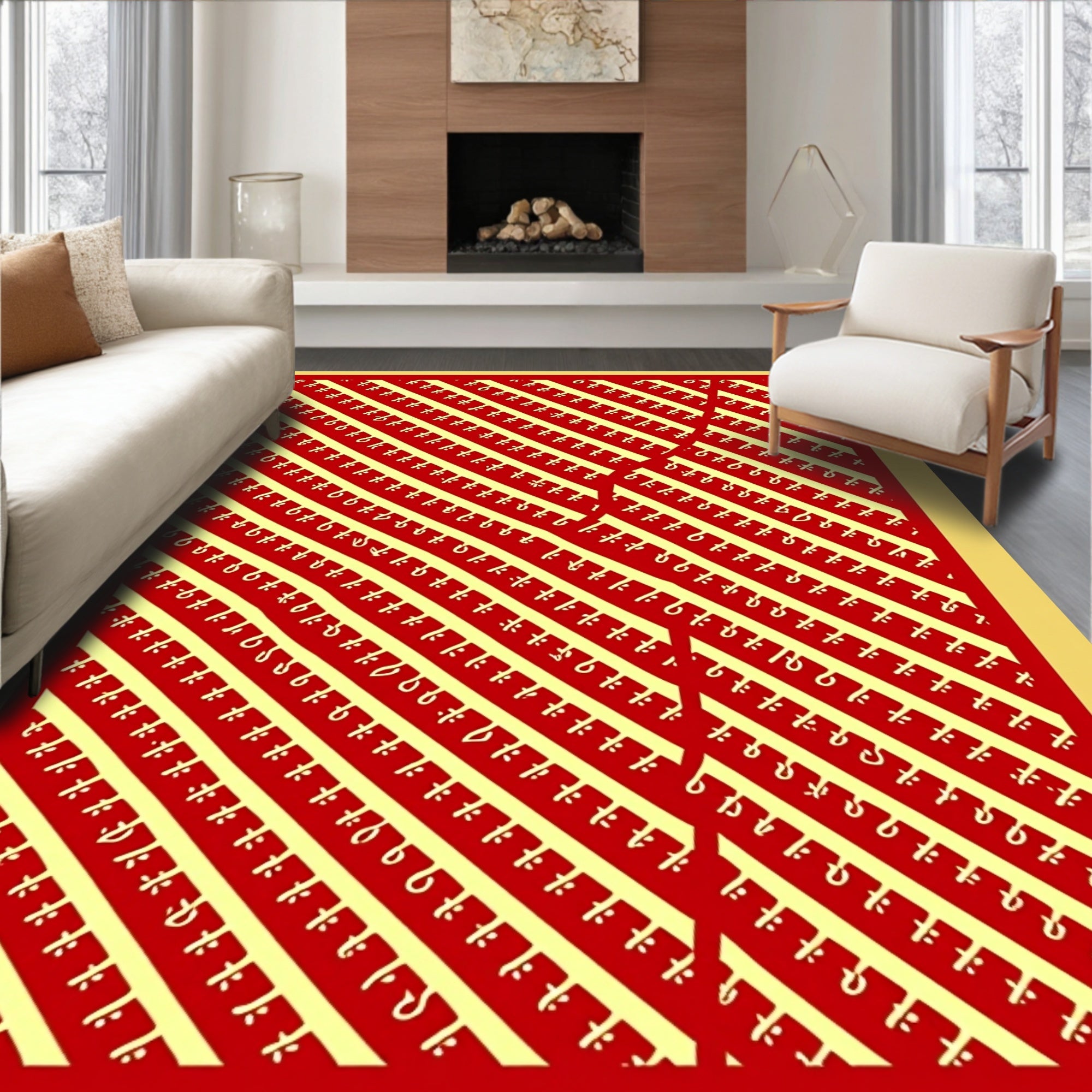 Bold Red Yellow Diagonal Script Rug