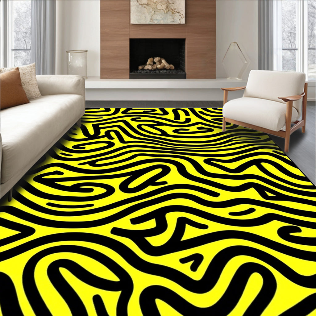 Bold Black Yellow Wavy Lines Rug