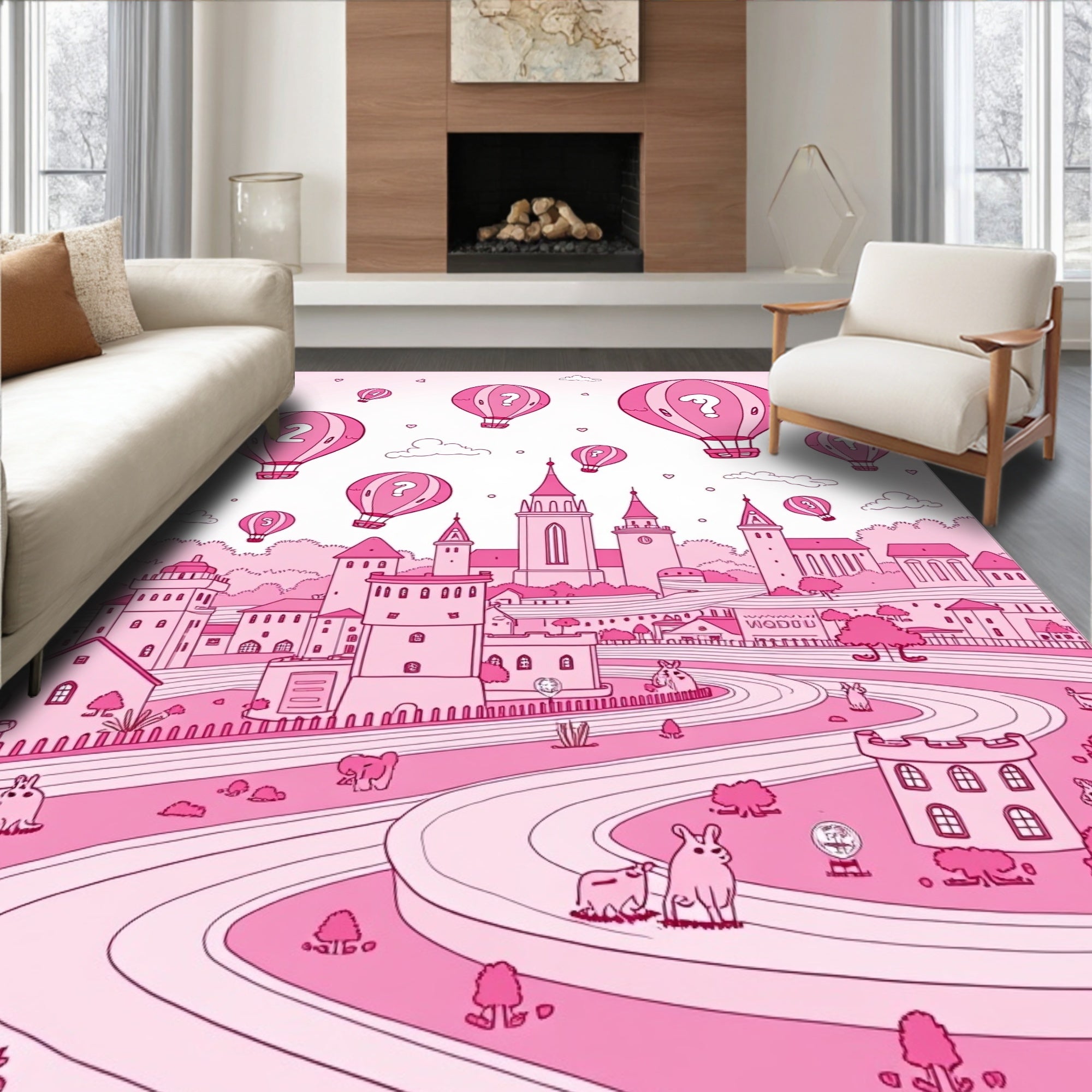 Whimsical Pink Hot Air Balloon Castle Landscape Rug