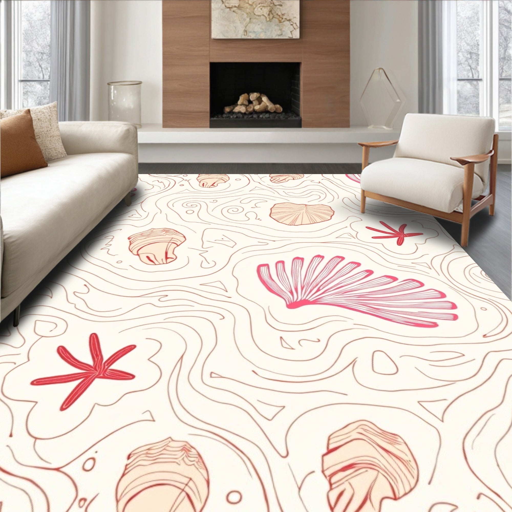Coral Pink Seaside Seashell Splash Rug