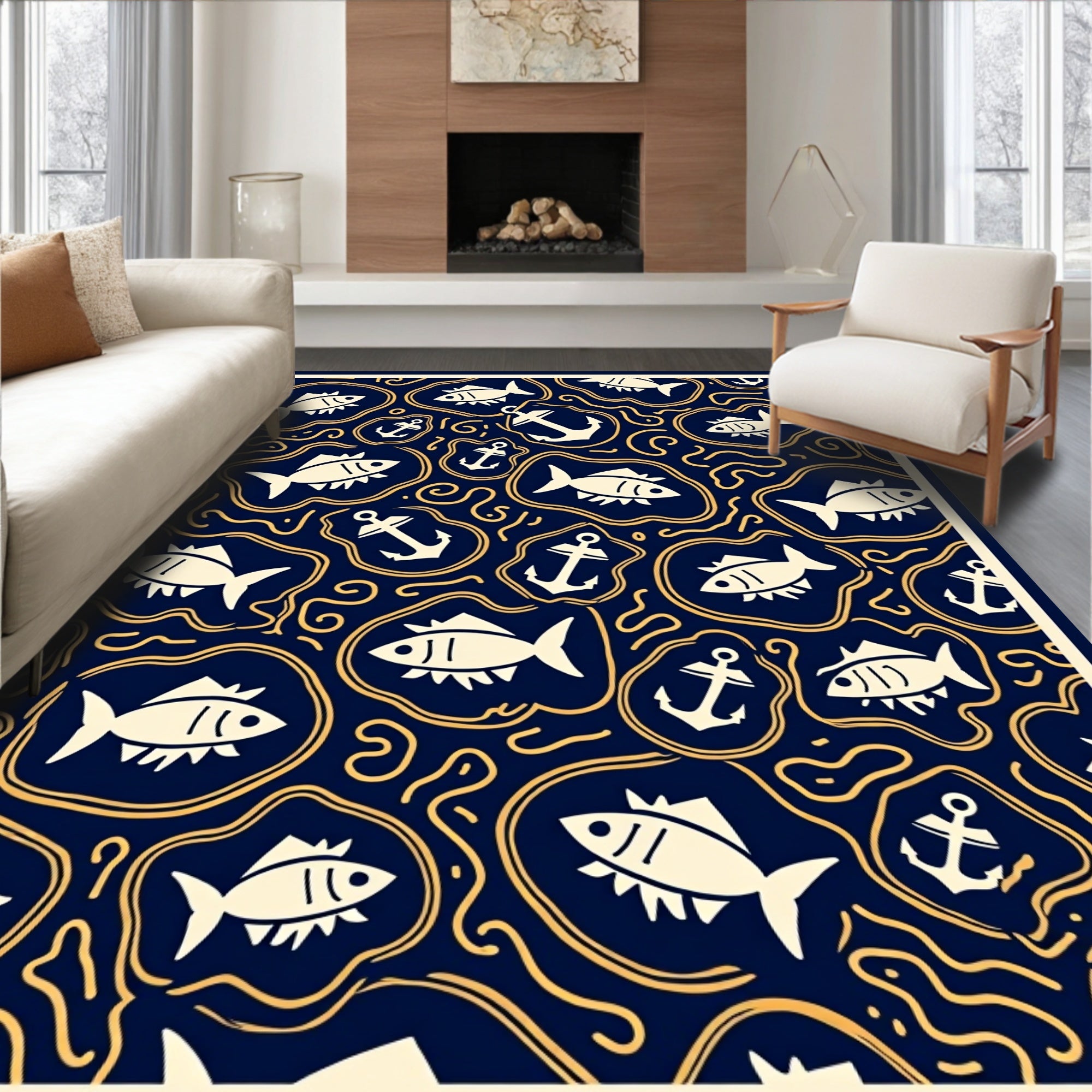 Navy Cream Fish Anchor Swirls Rug