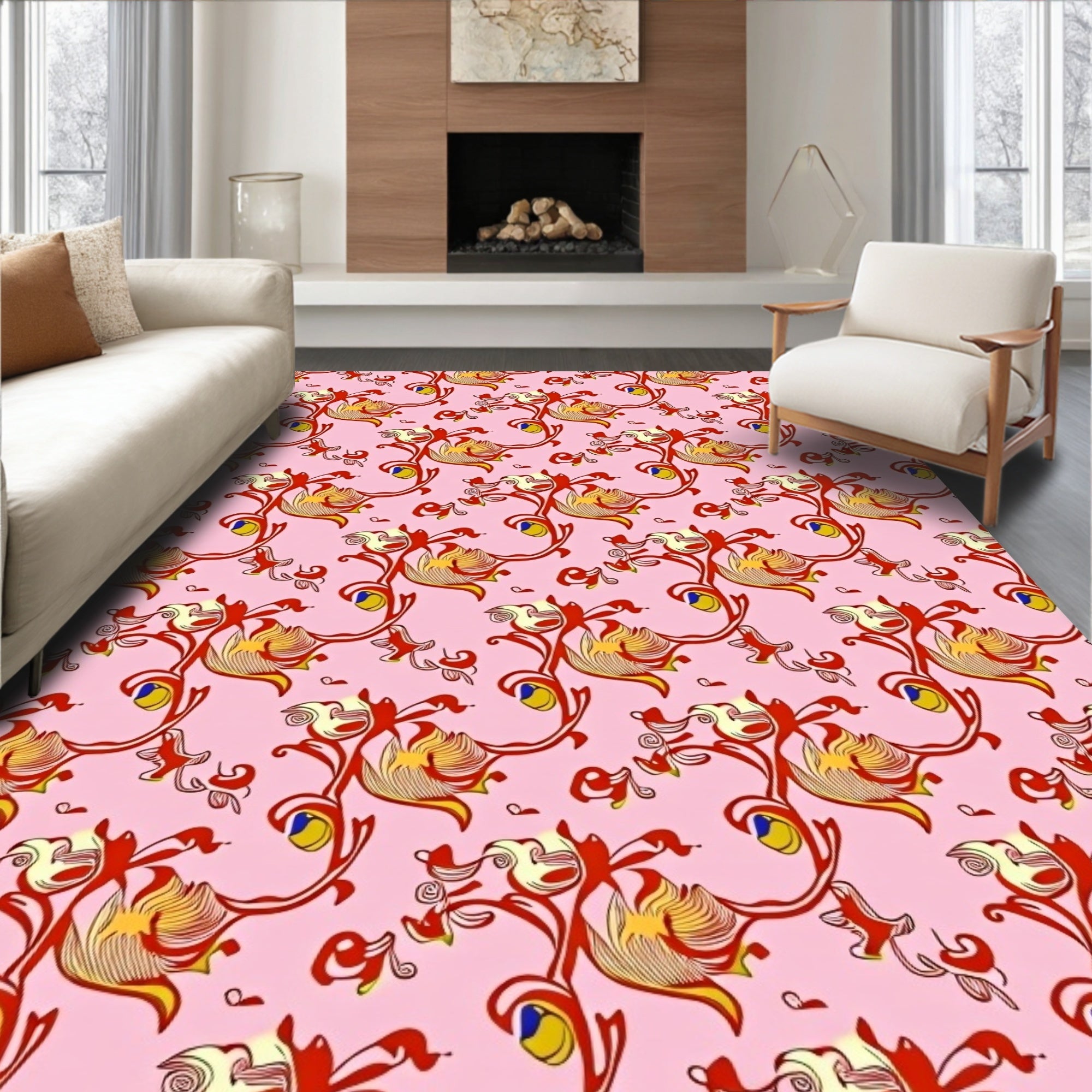 Whimsical Red Floral Vine Pink Rug