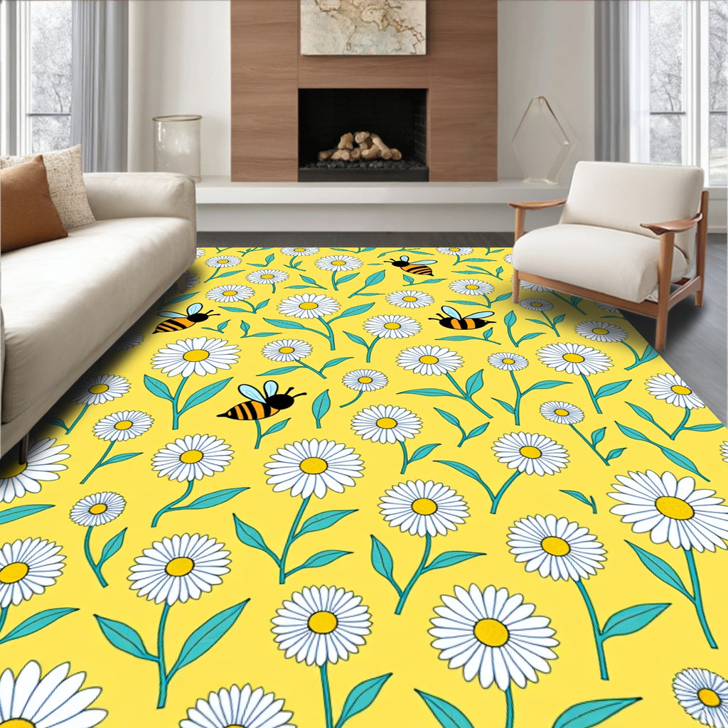 Yellow Daisy Bee Meadow Print Rug