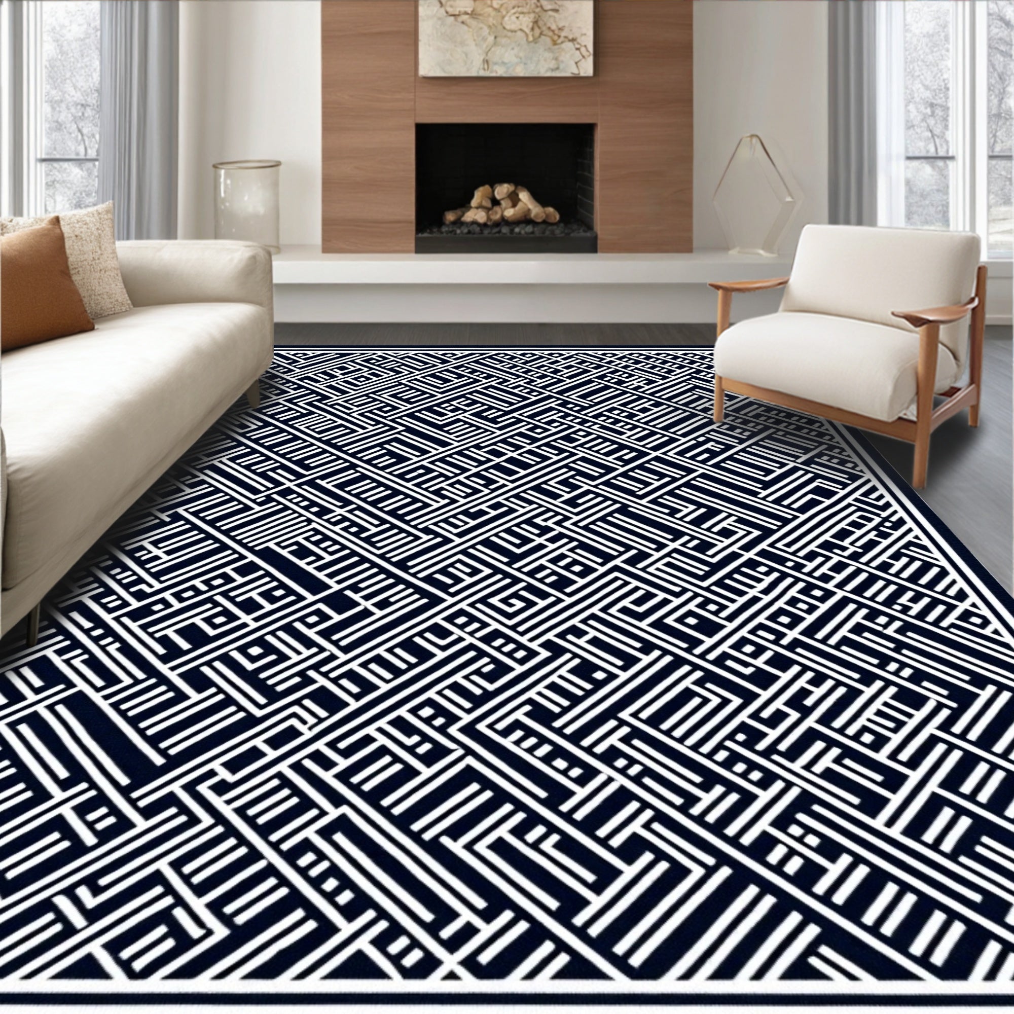 Deep Navy White Geometric Maze Rug