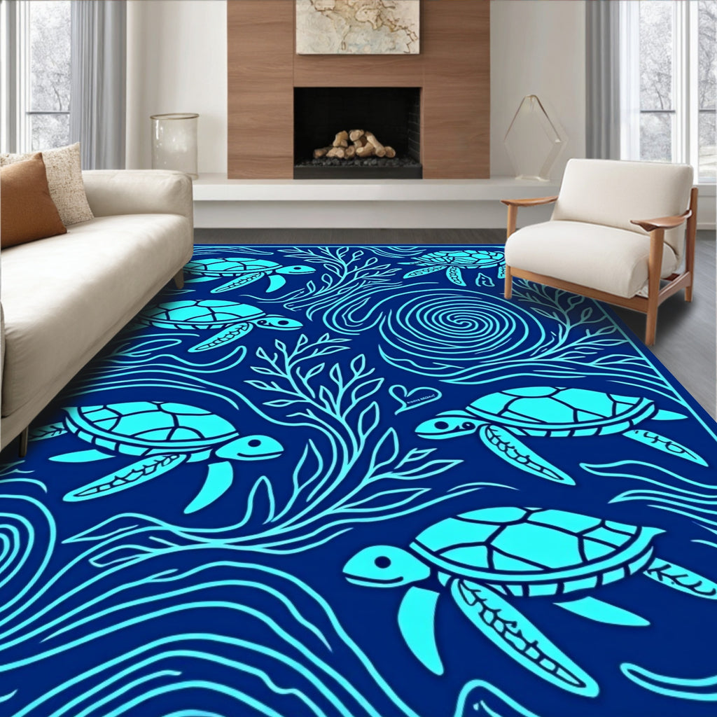 Aquatic Blue Sea Turtle Swirl Rug