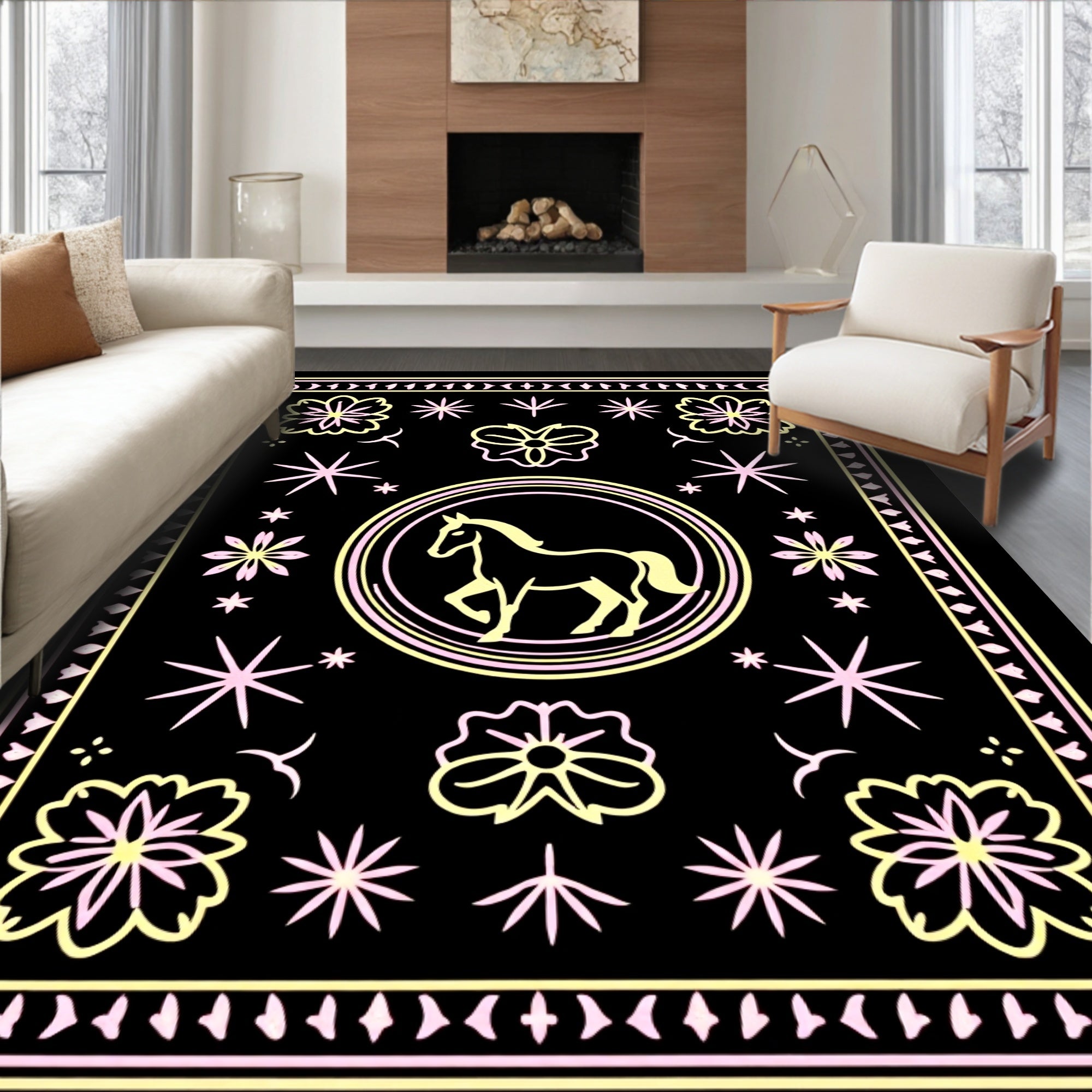 Yellow Horse Amidst Starry Flowers Rug