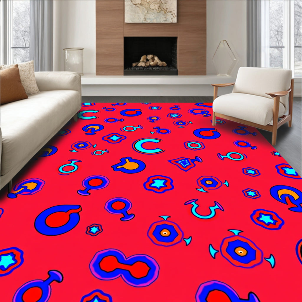 Vivid Red Abstract Circles And Shapes Rug