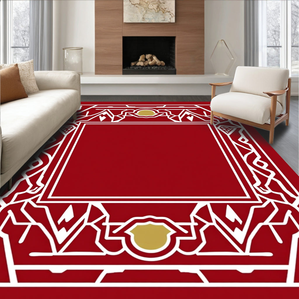 Crimson White Geometric Crest Rug