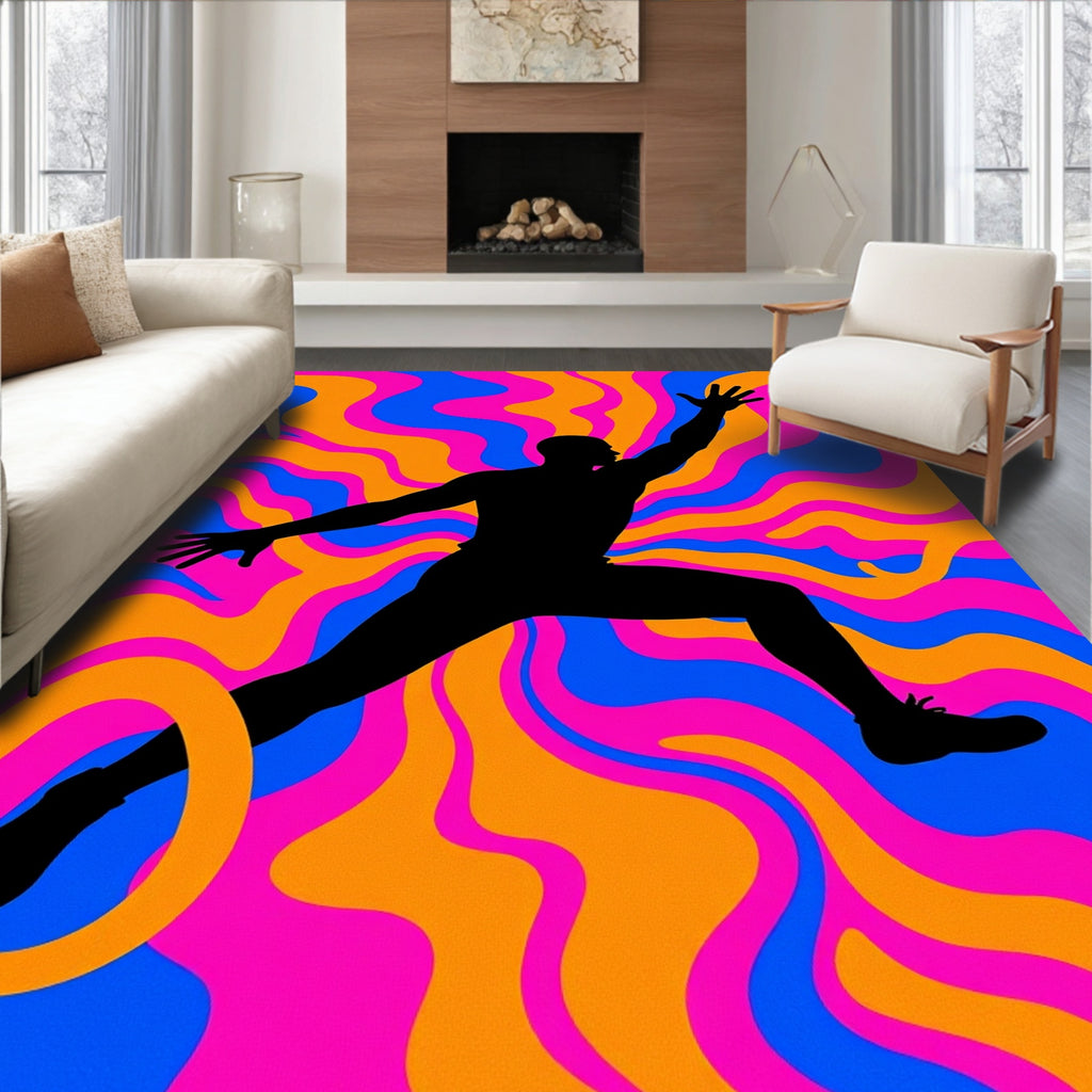Vibrant Black Silhouette Swirling Waves Rug