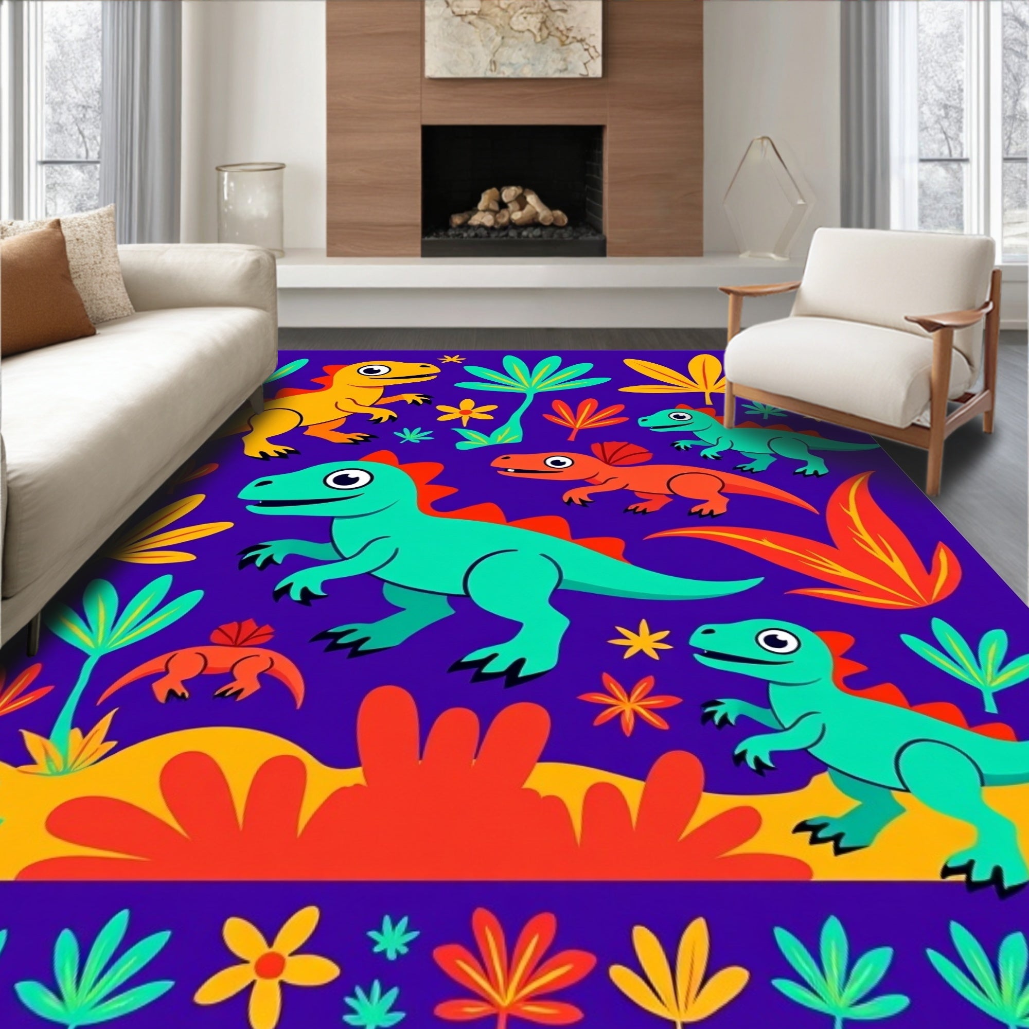 Vibrant Dinosaur Jungle Landscape Rug