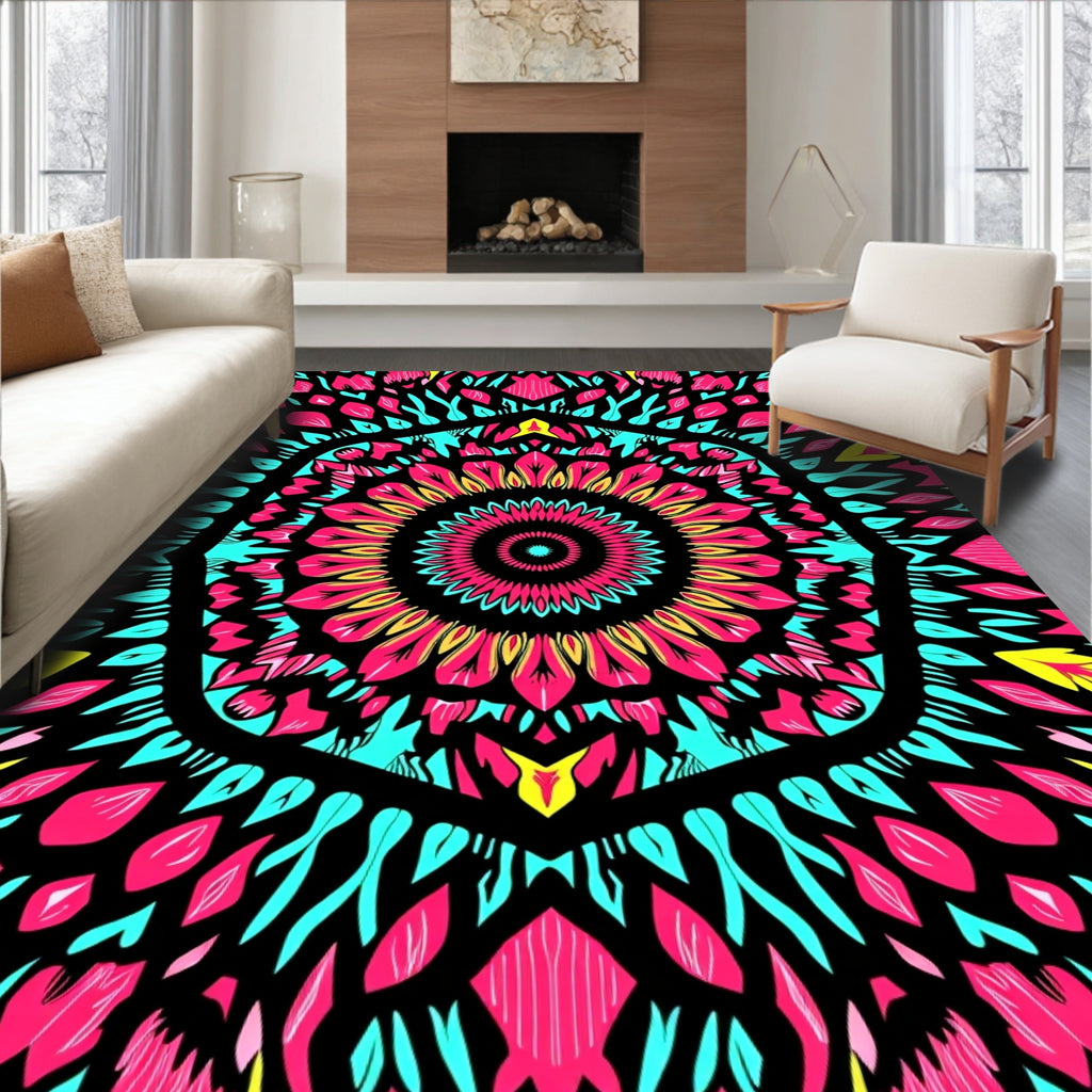Vibrant Pink Turquoise Sunburst Mandala Rug