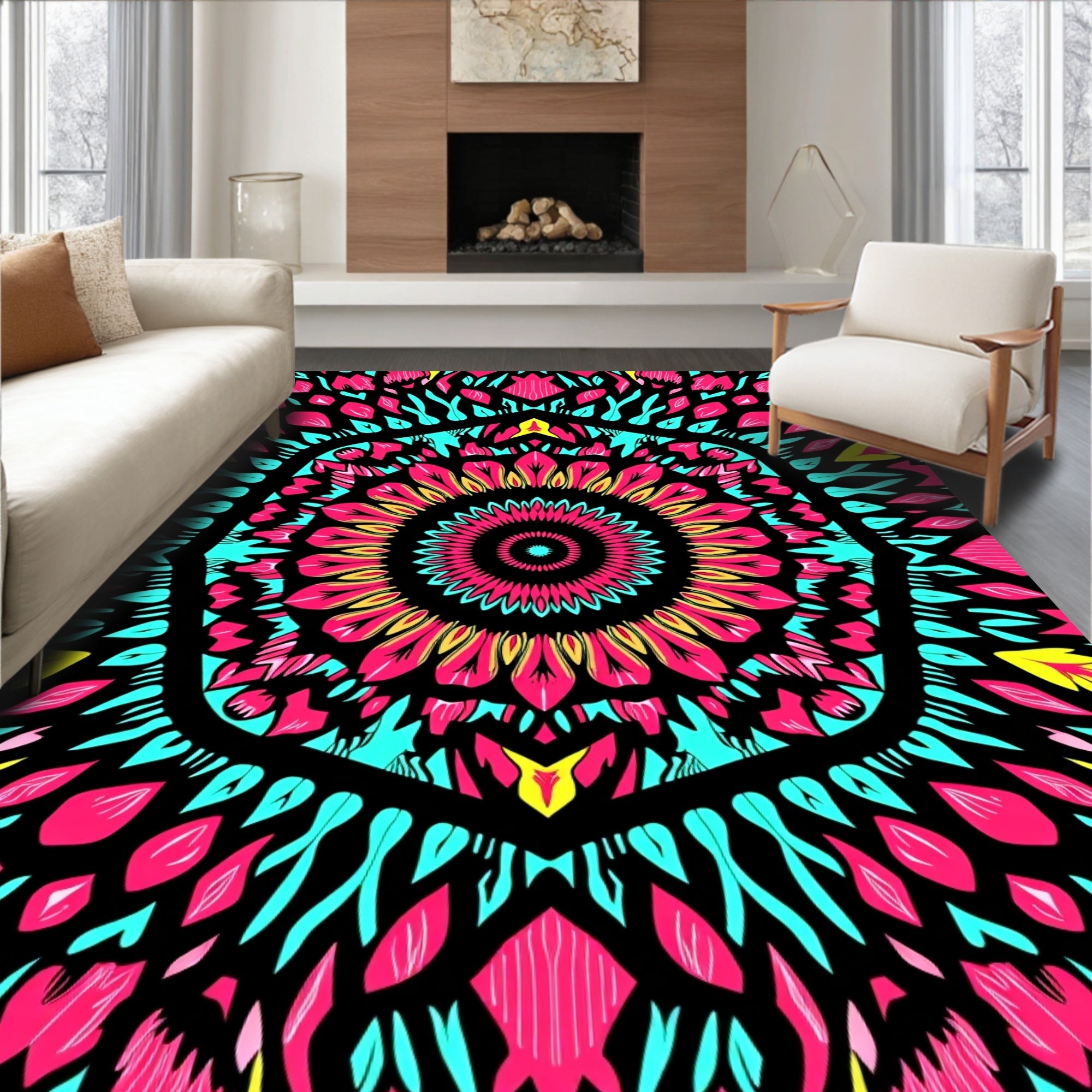 Vibrant Pink Turquoise Sunburst Mandala Rug