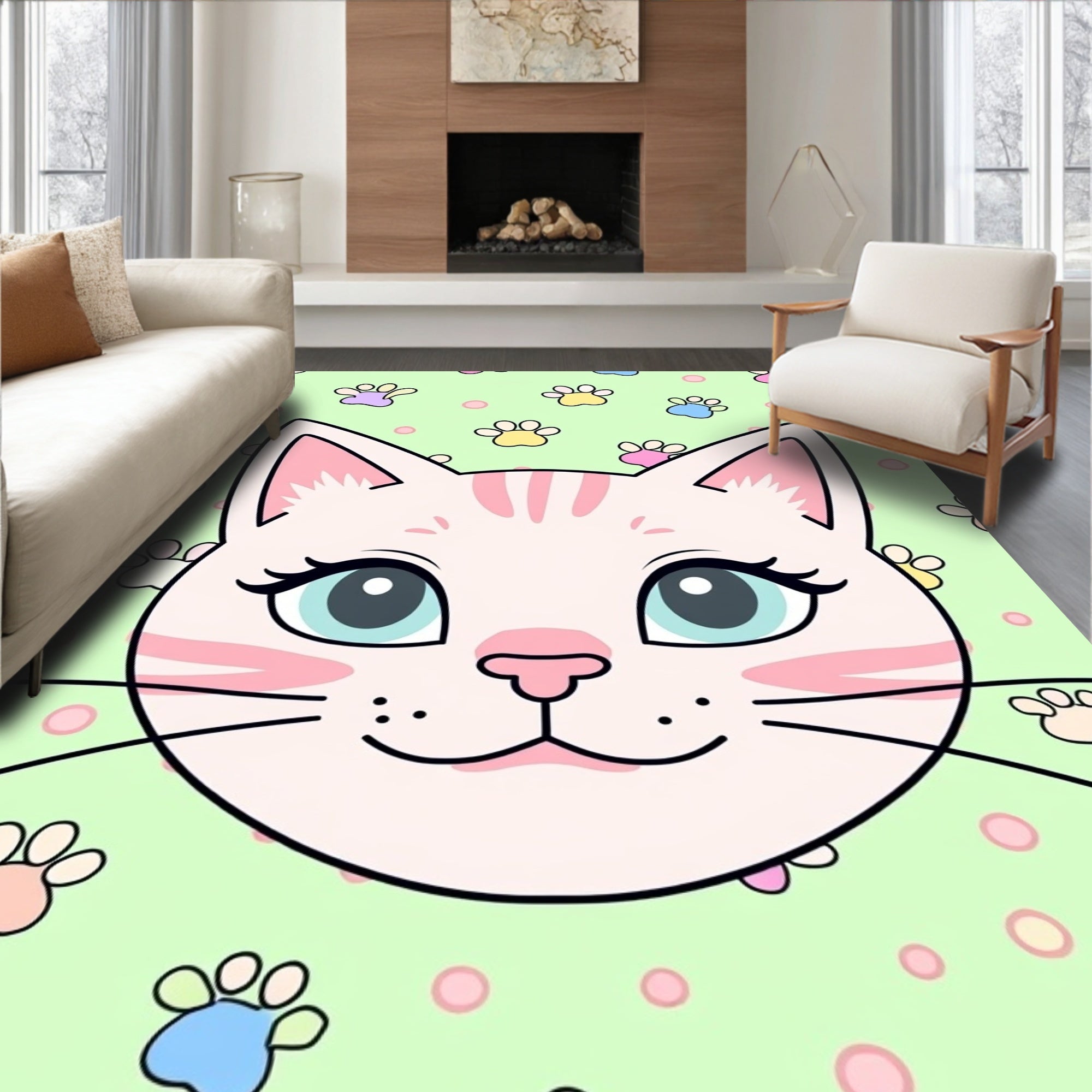 Cute Pink Cat Paw Print Pastel Rug