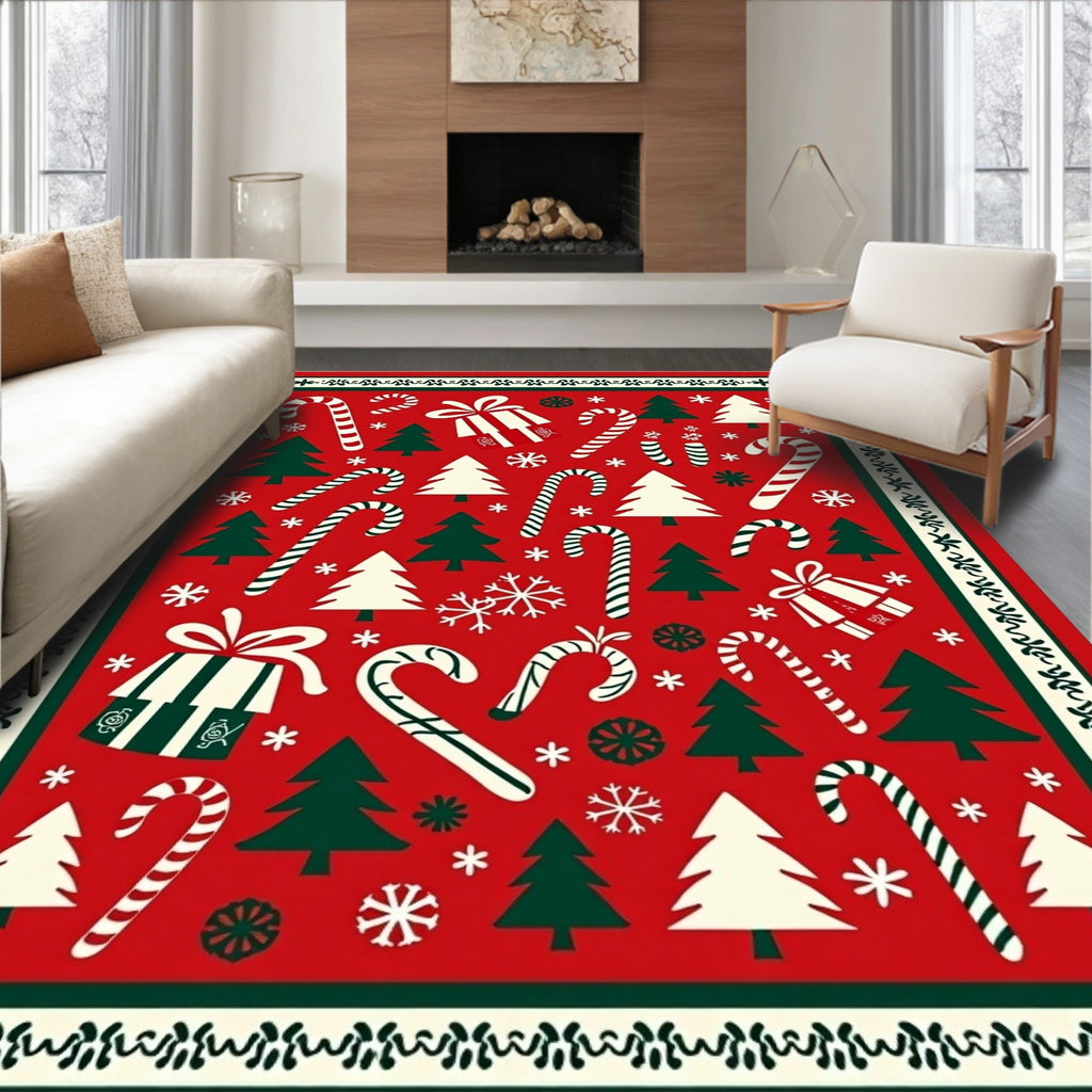 Red Green Christmas Trees Candy Canes Gifts Rug