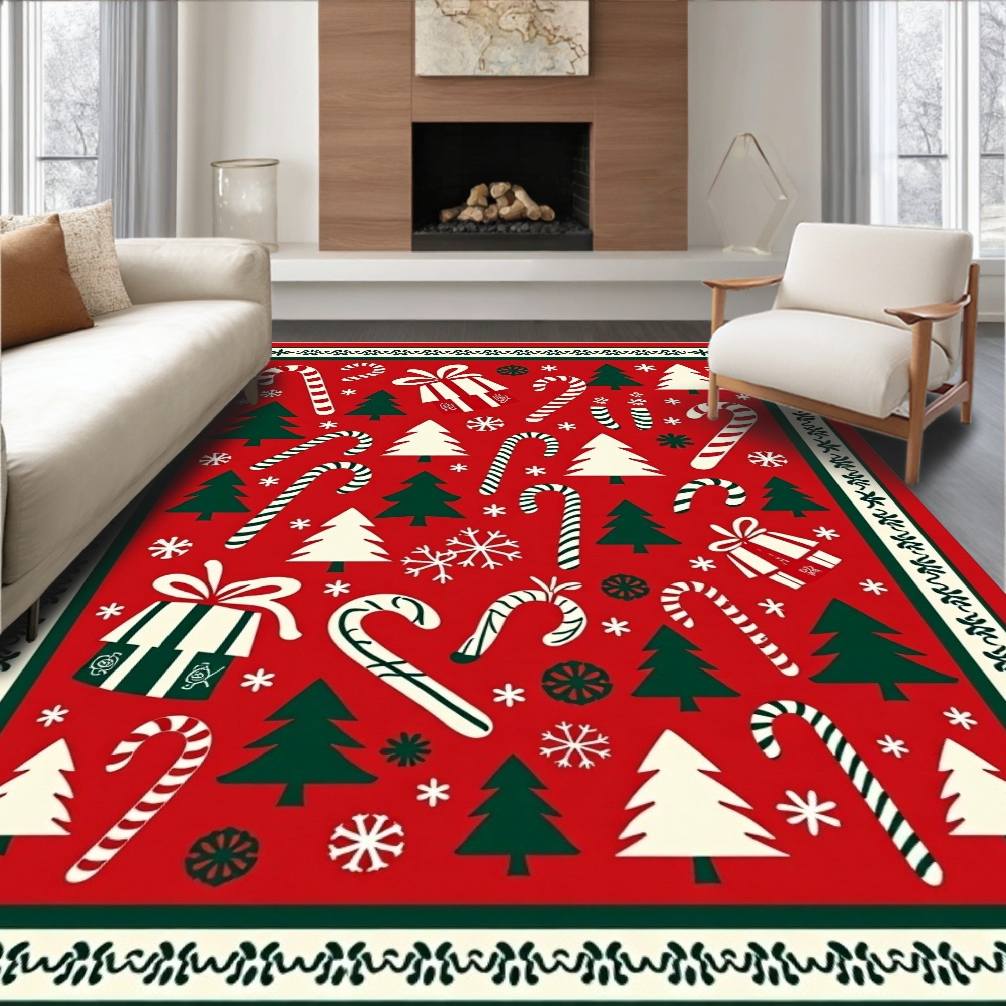 Red Green Christmas Trees Candy Canes Gifts Rug