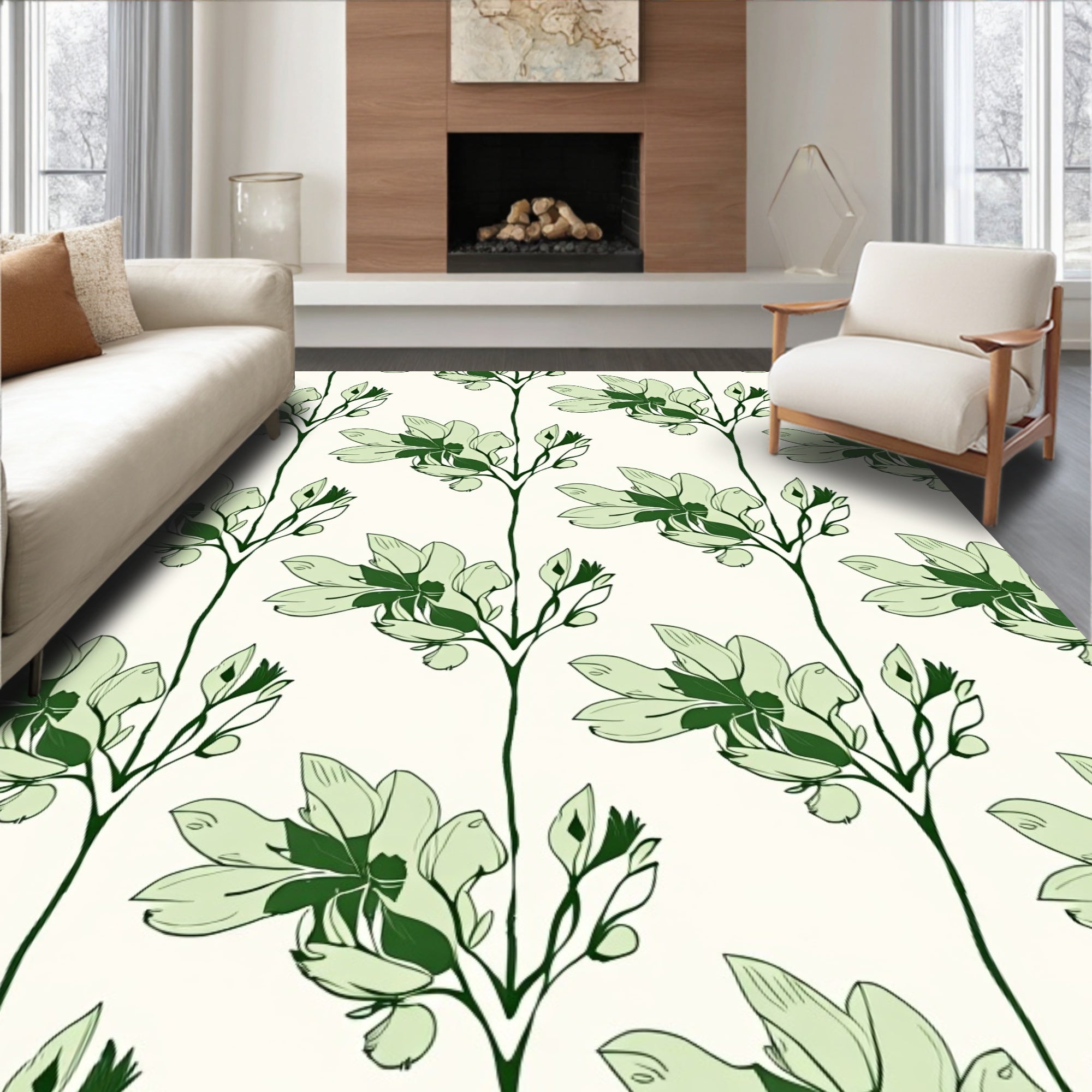 Lush Green Floral Botanical Sprig Rug