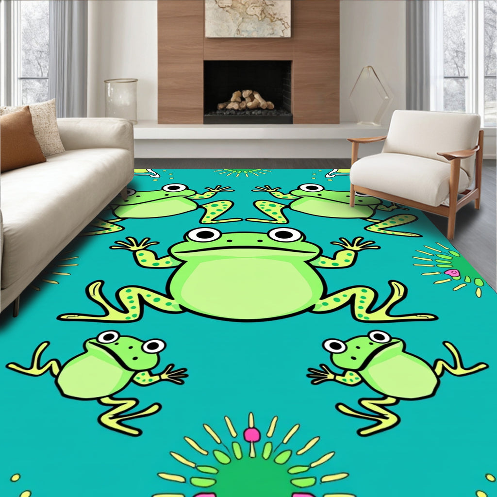 Whimsical Green Frogs Aquatic Scene Rug