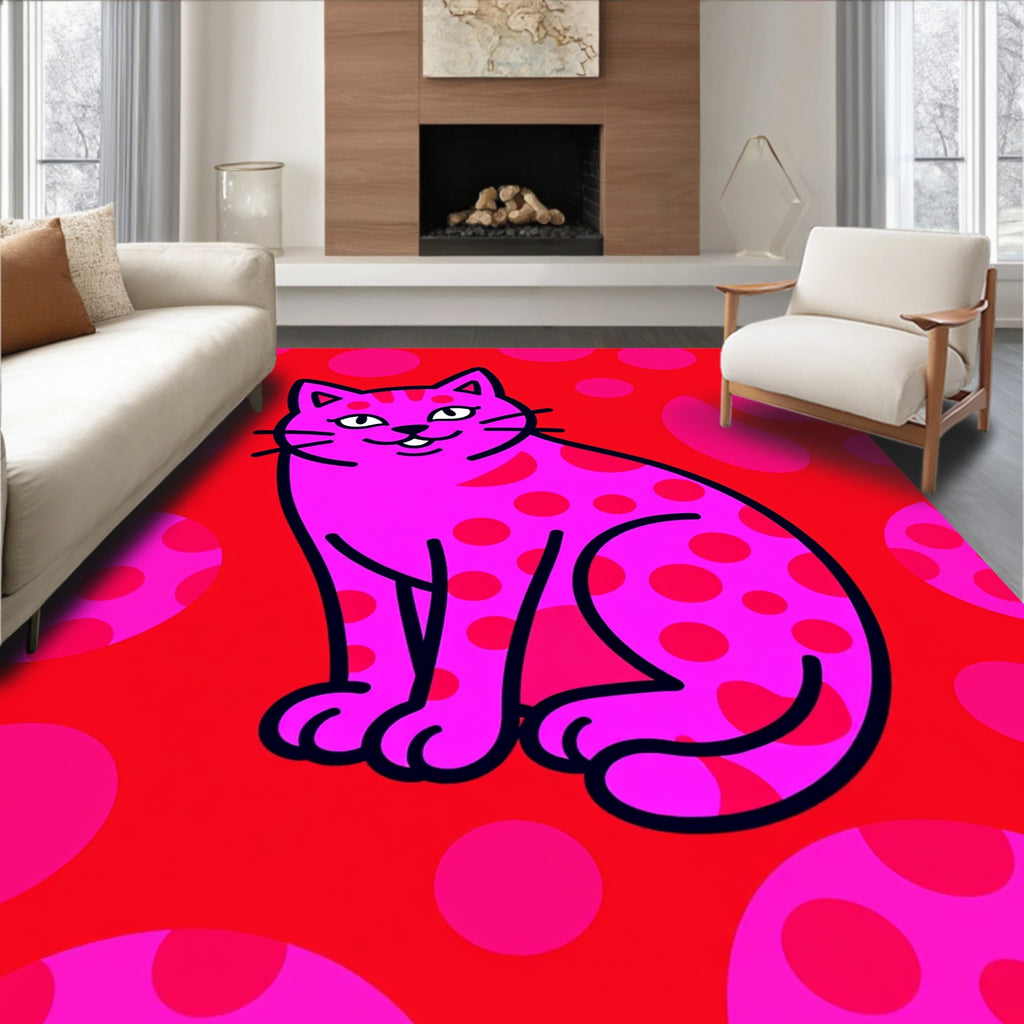 Pink Polka Dot Cat Red Background Rug