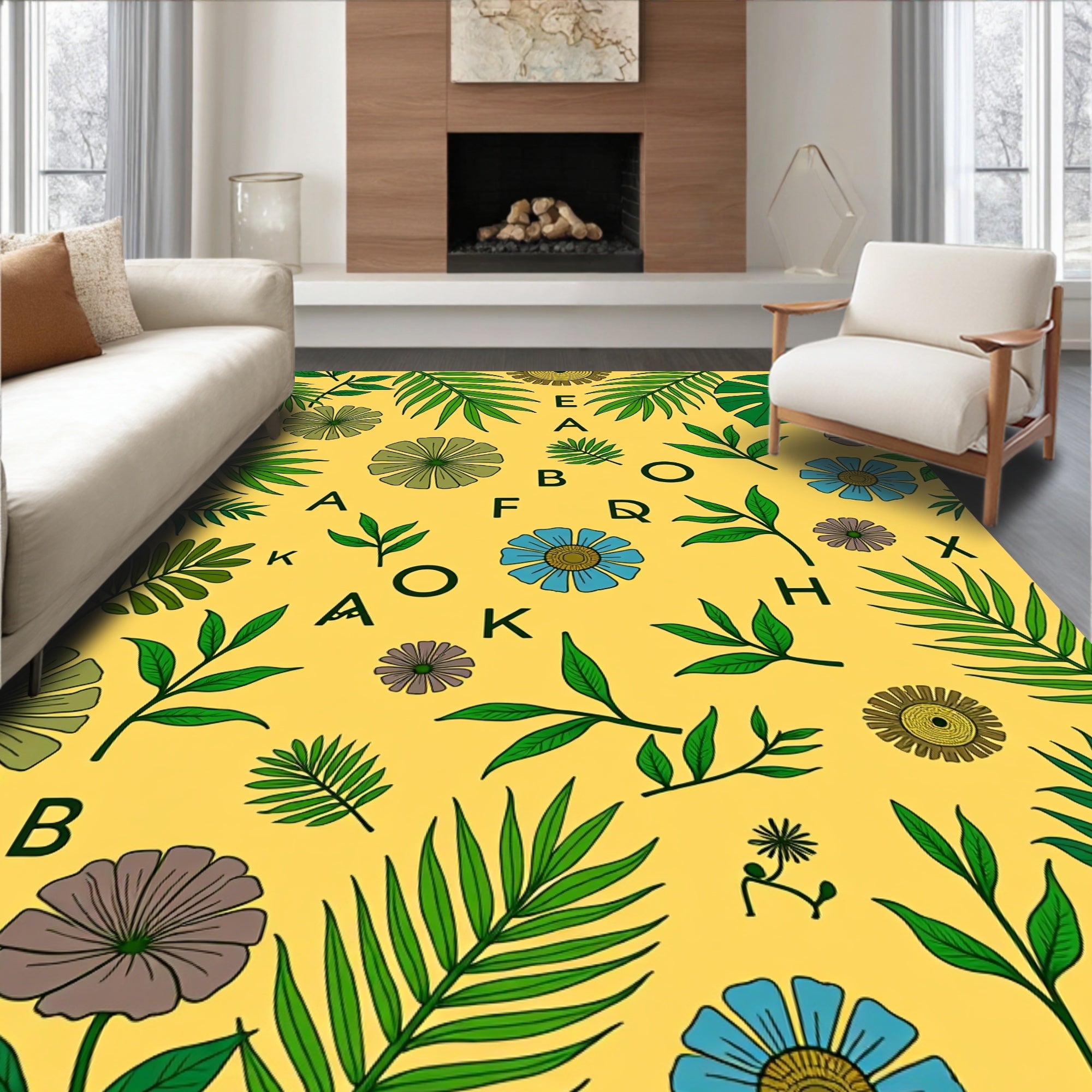 Tropical Yellow Leaf Floral Alphabet Rug
