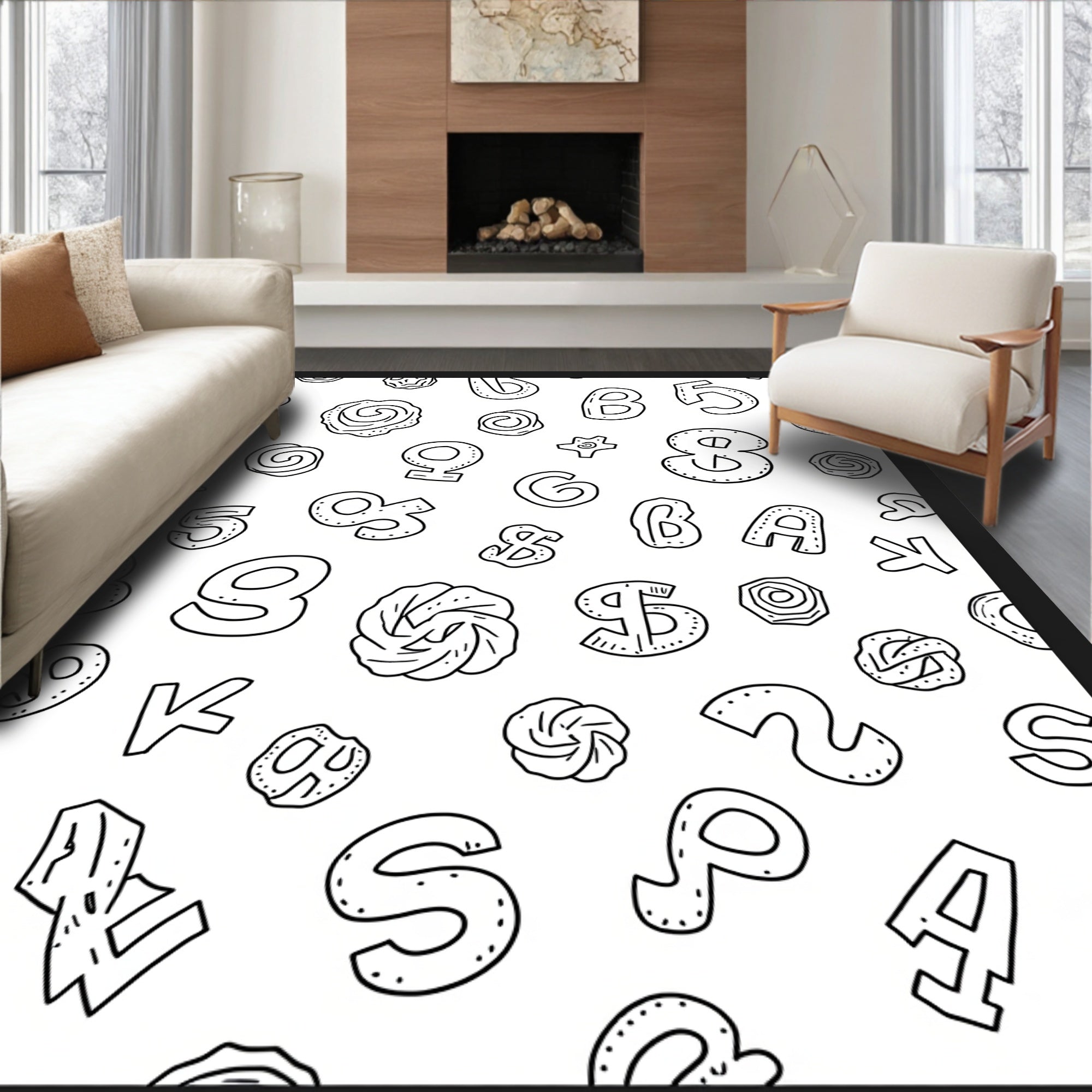 Black White Word Alphabet Collage Rug