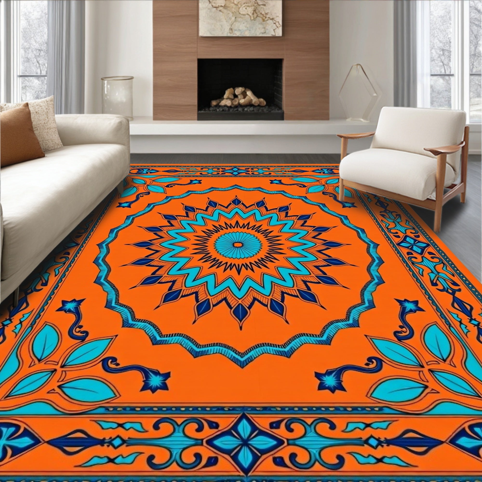 Vibrant Orange Turquoise Medallion Border Rug