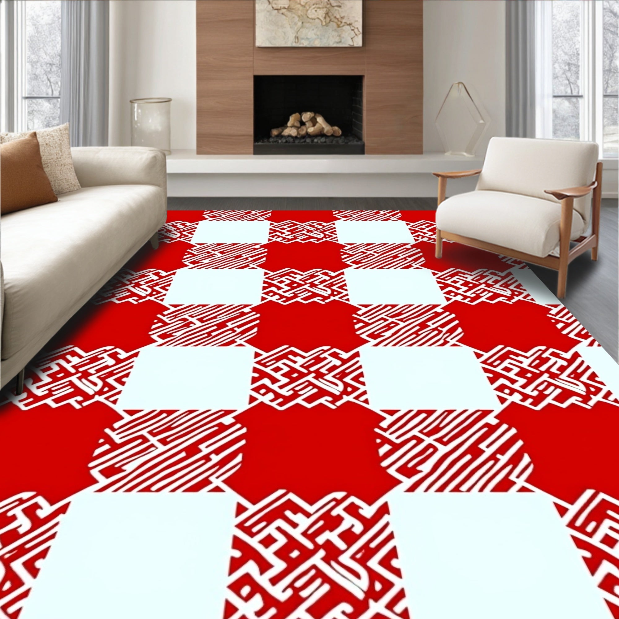 Red White Checkerboard Maze Rug