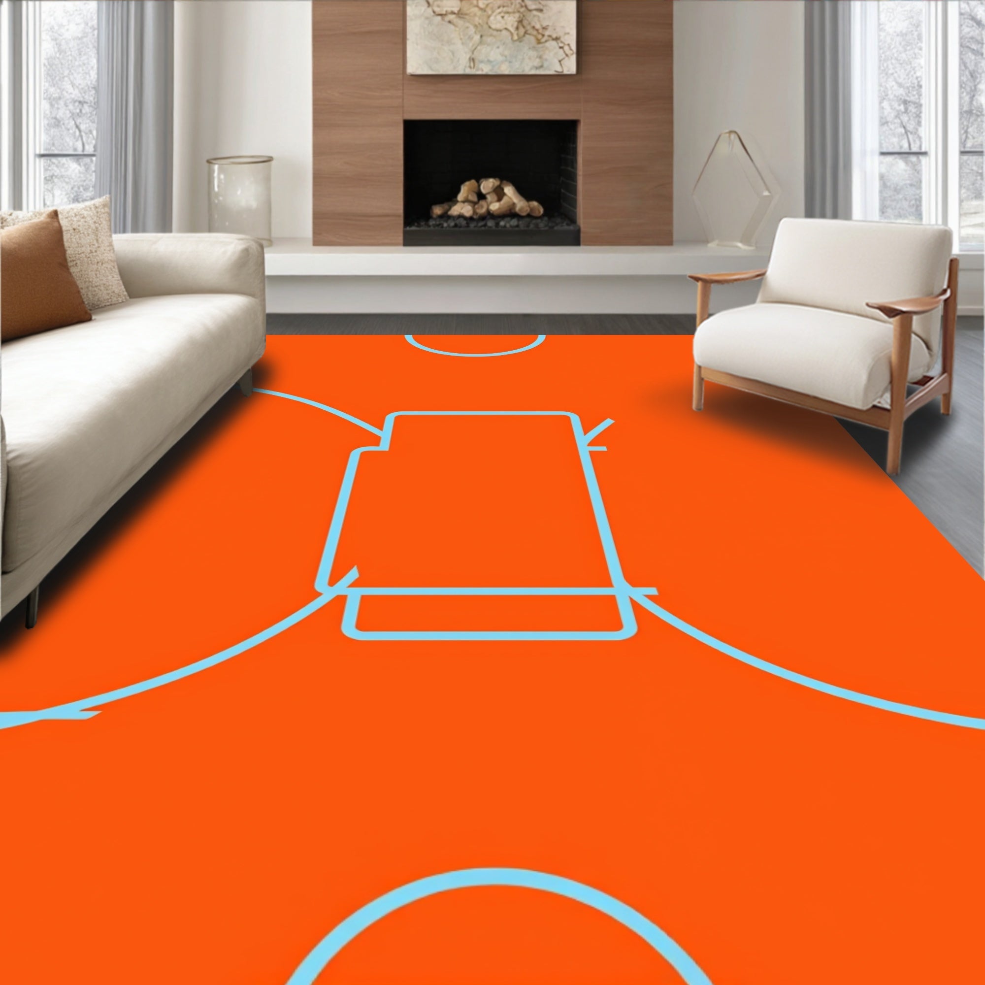 Bright Orange Sky Blue Abstract Lines Rug