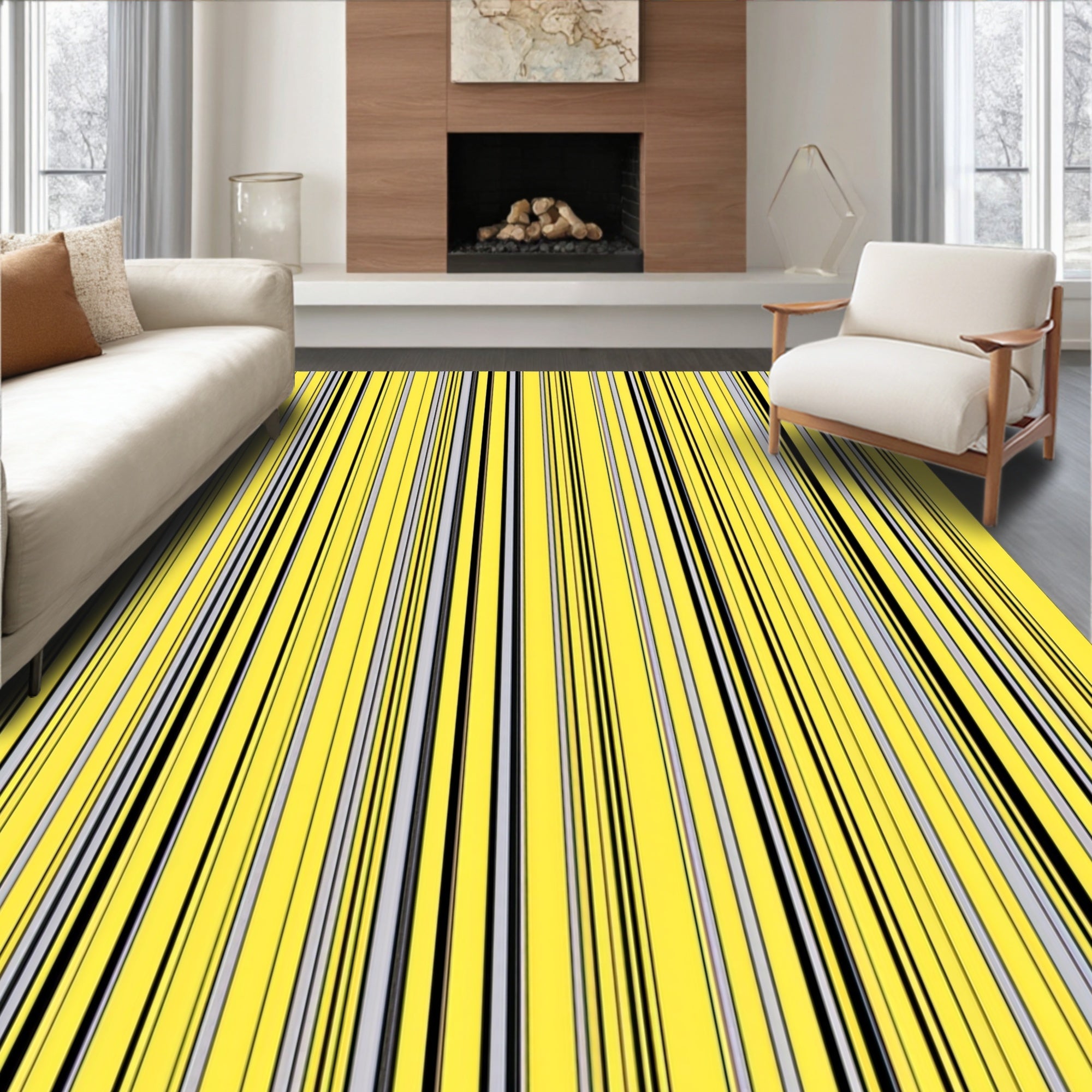 Bright Yellow Black Gray Pinstripe Rug