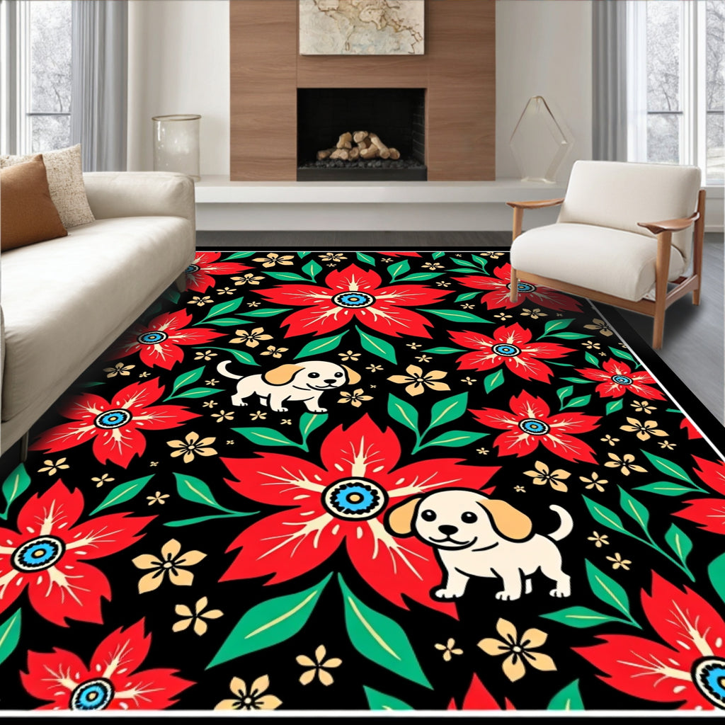 Red Floral Puppy Garden Whimsy Rug