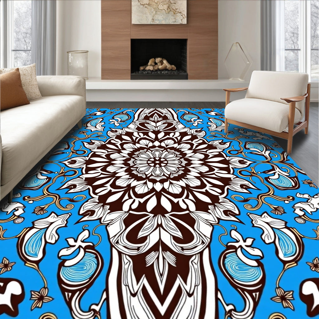 Vibrant Blue Floral Mandala Art Rug