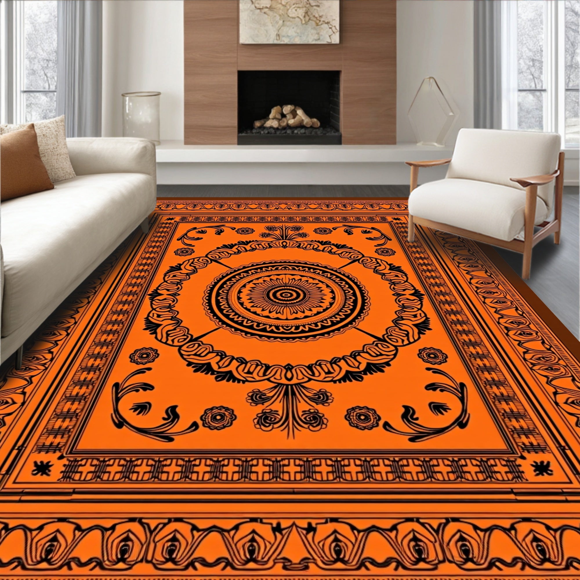 Bold Orange Black Mandala Border Rug