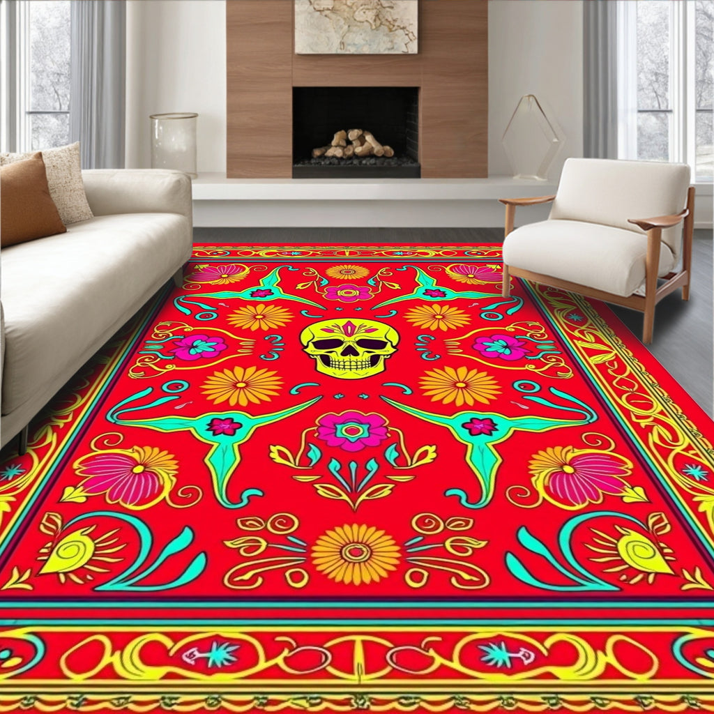Vibrant Red Yellow Skull Floral Whimsy Rug