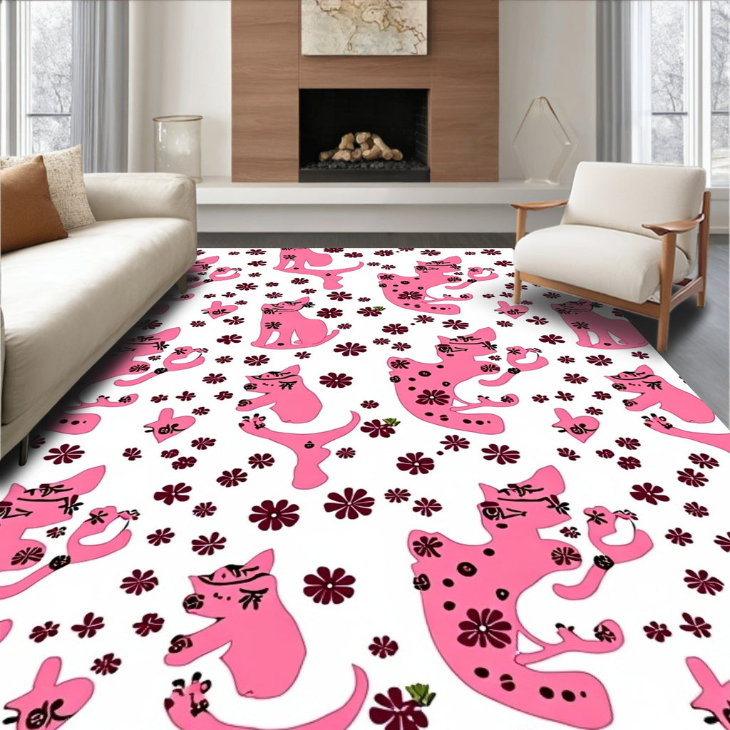 Pink Cats And Flowers Repeat Rug