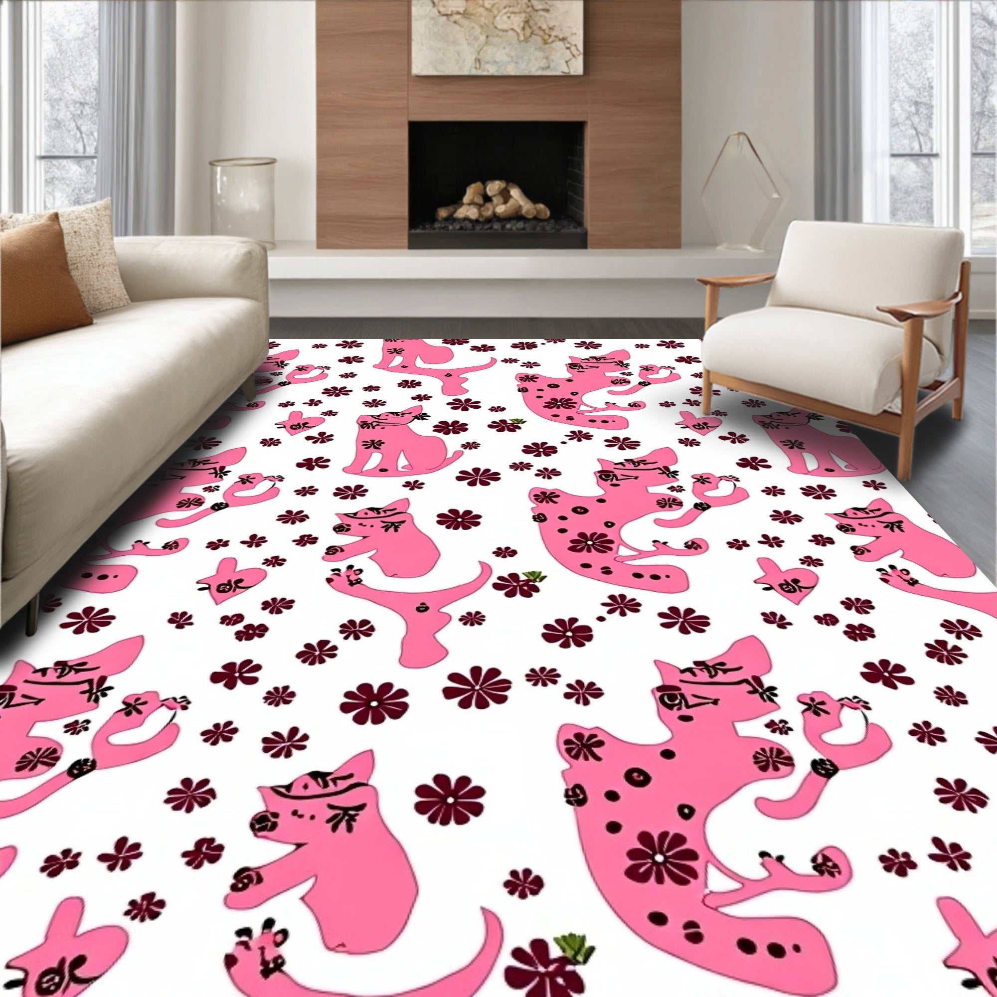 Pink Cats And Flowers Repeat Rug
