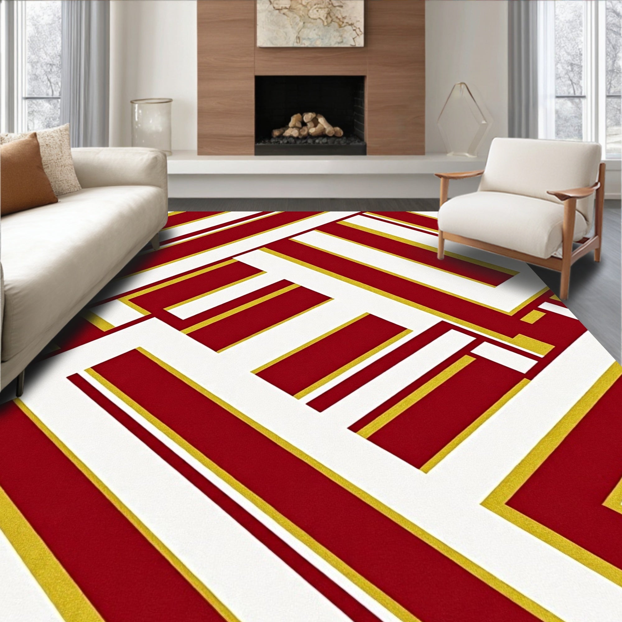 Bold Crimson Gold Geometric Overlap Rug