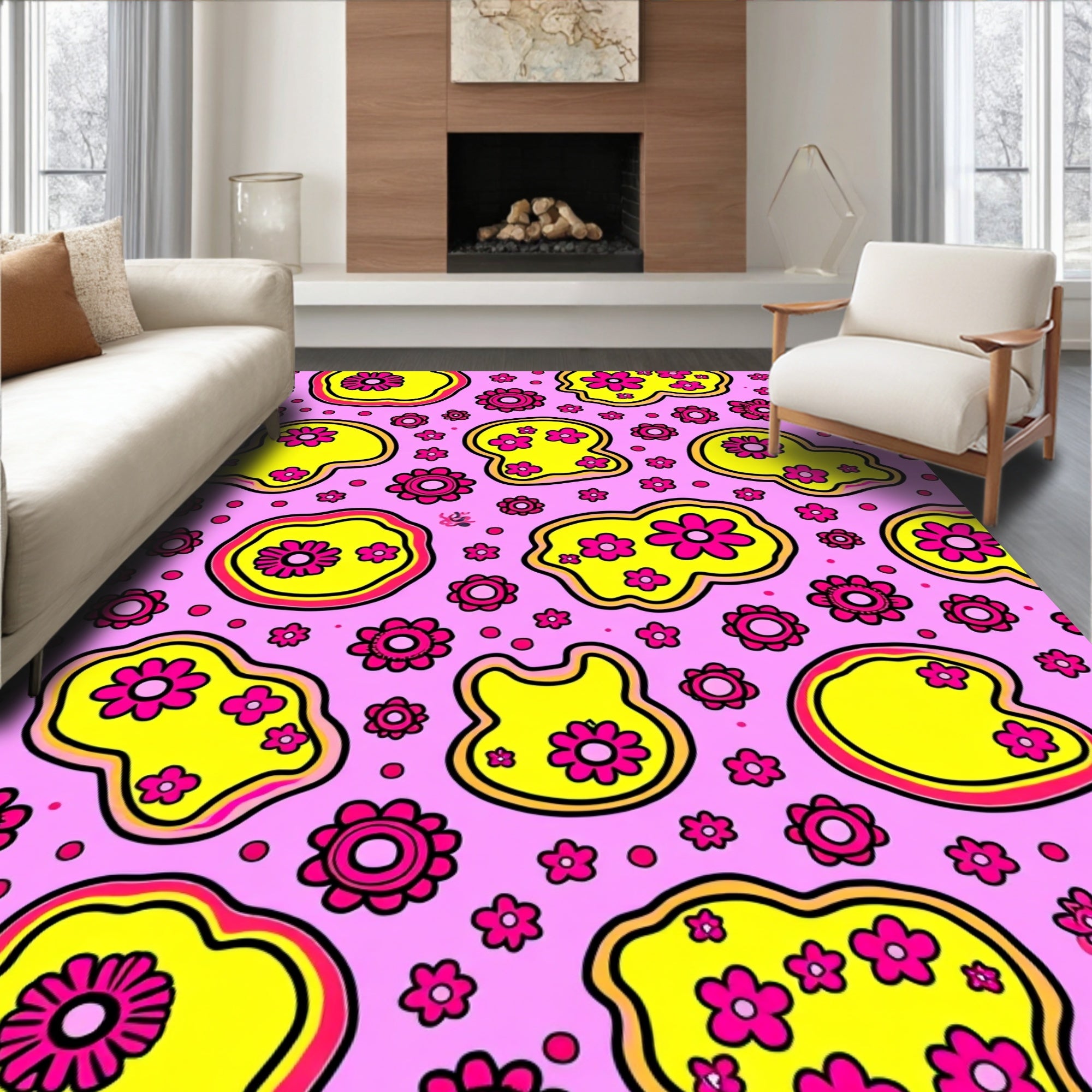 Retro Pink Yellow Floral Blob Art Rug