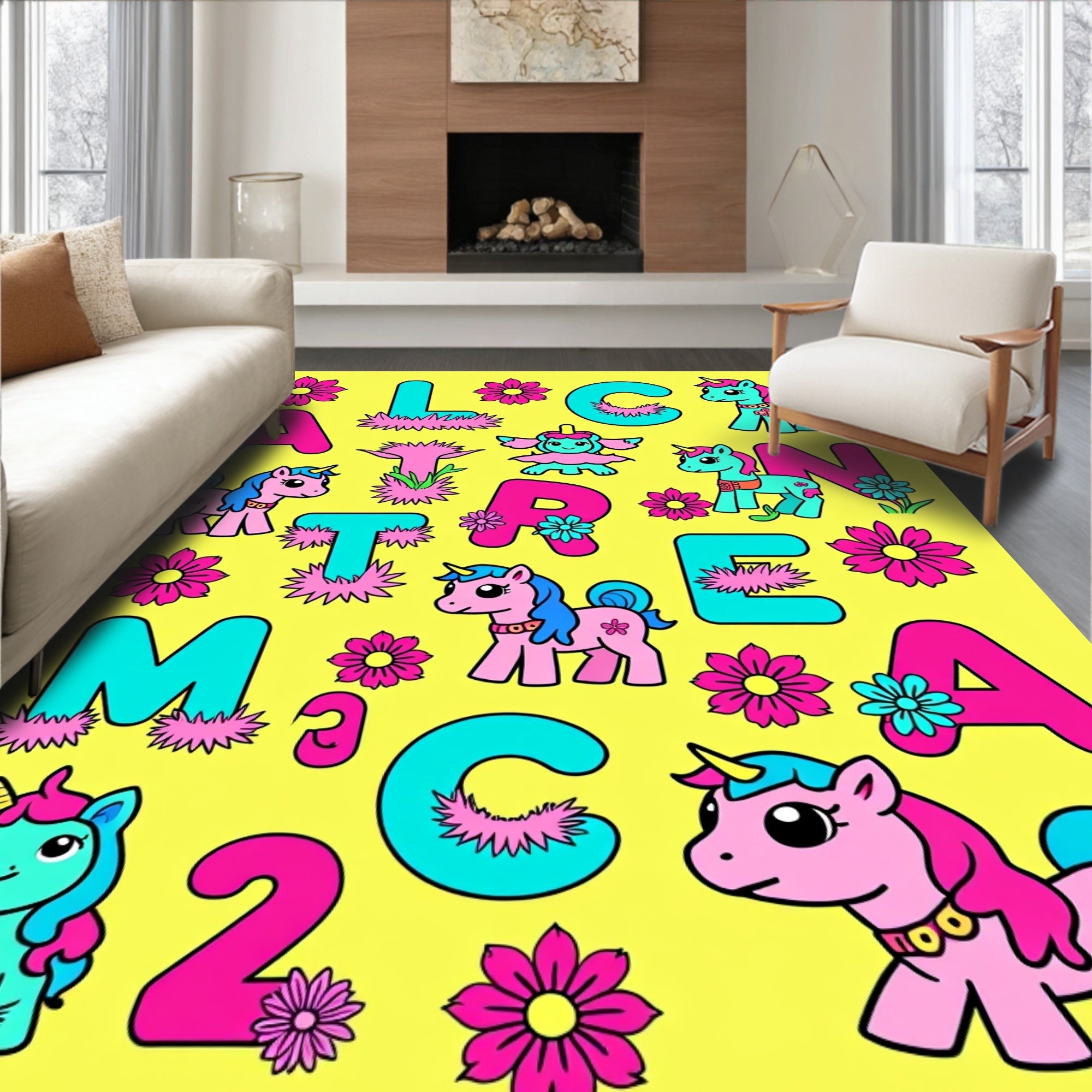 Pink Blue Unicorn Flowers Alphabet Kids Rug
