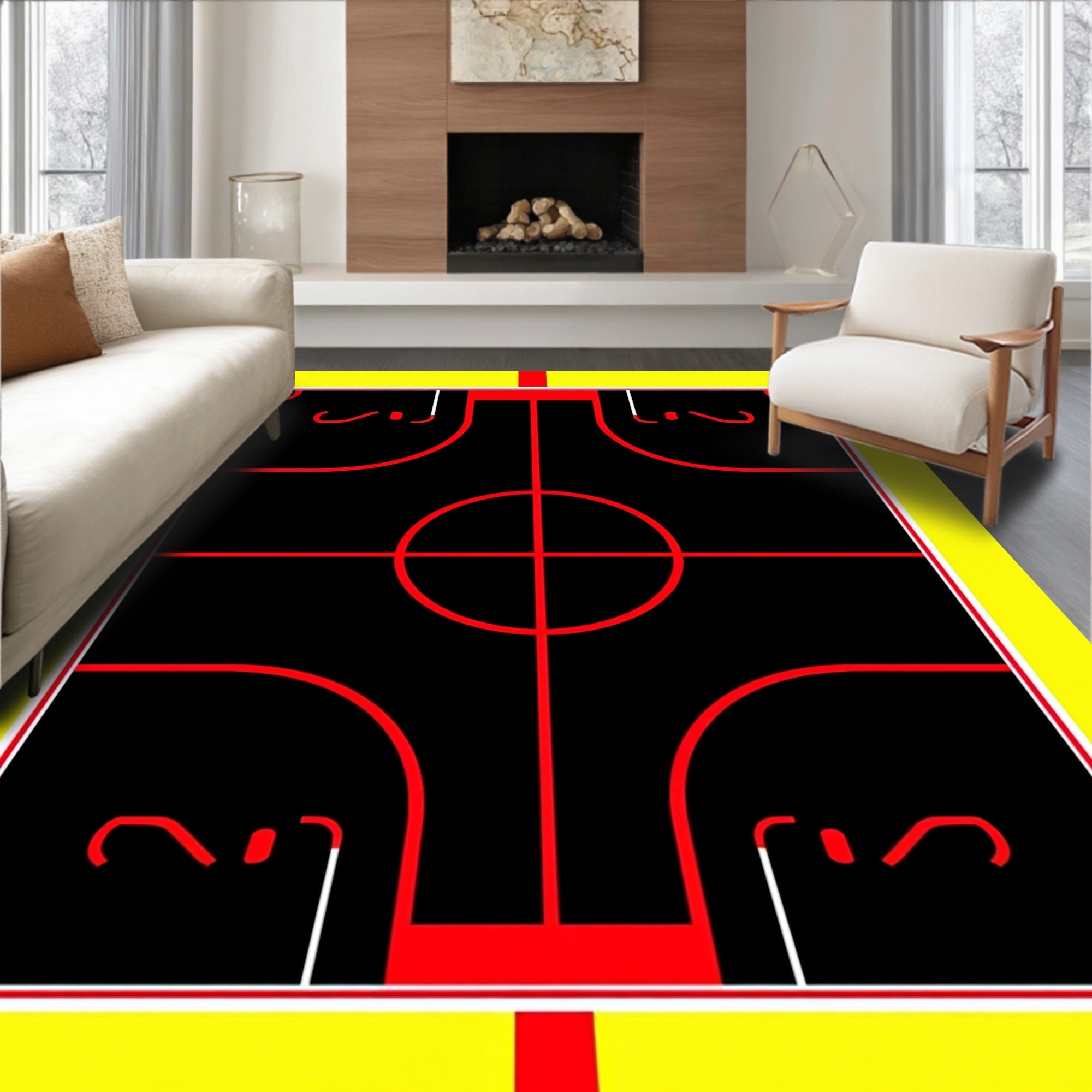Bold Red Yellow Geometric Court Rug