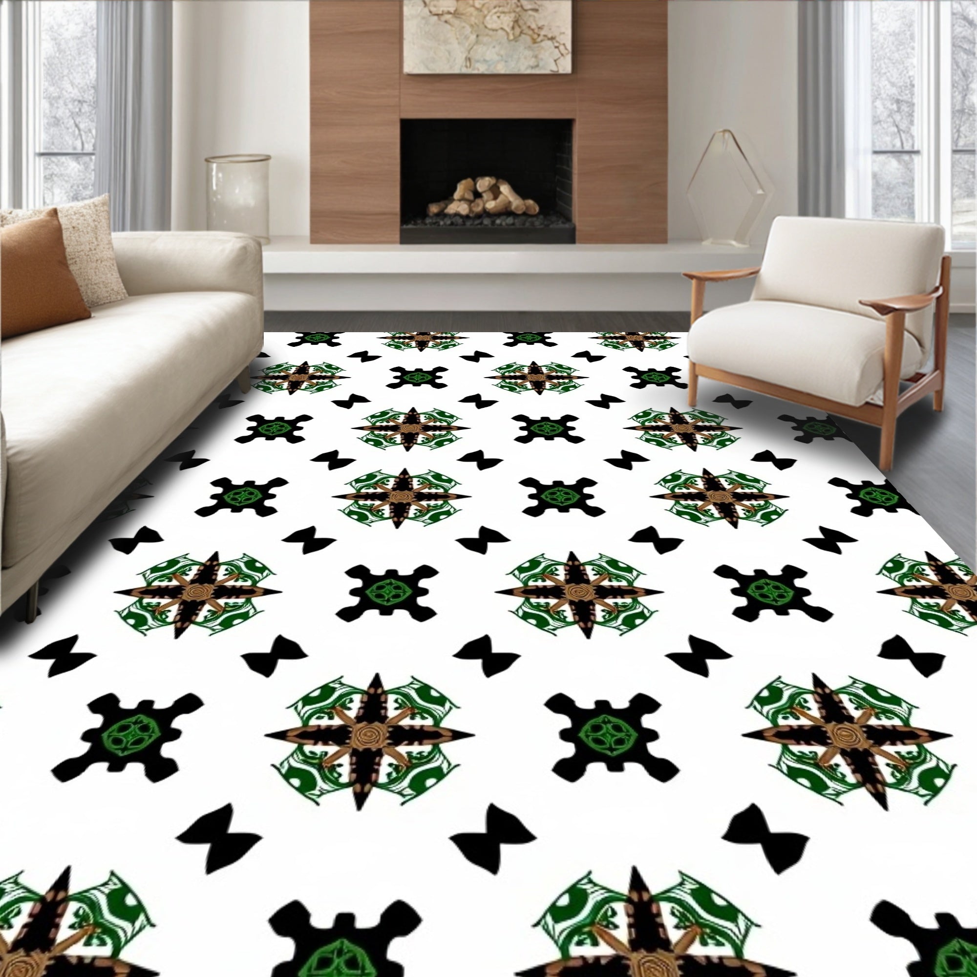Ornate Black Green Brown Medallion Rug