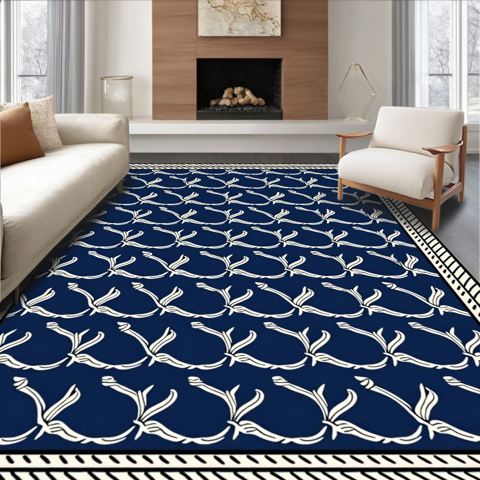 Navy Blue White Floral Vine Repeat Rug