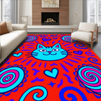 Bright Blue Cat Hearts Swirls Medallions Rug