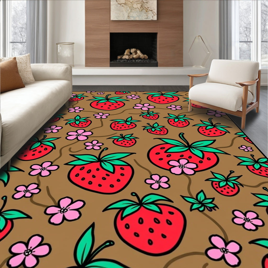 Whimsical Red Strawberry Pink Flower Garden Rug