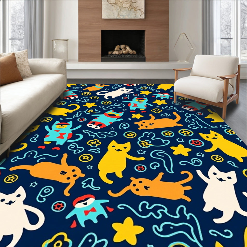 Whimsical Cats and Stars Navy Rug