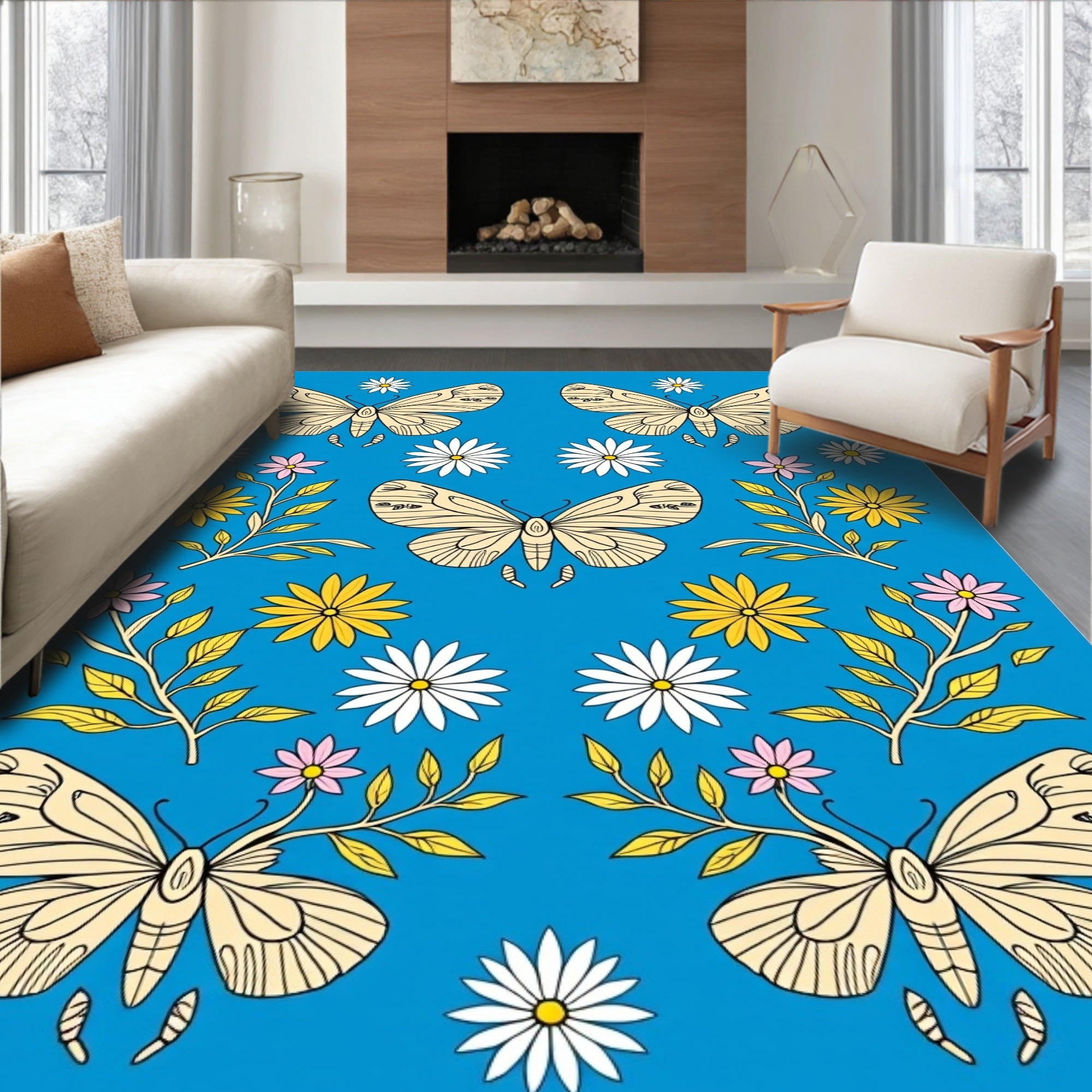 Golden Butterflies Pink Yellow Flower Garden Rug