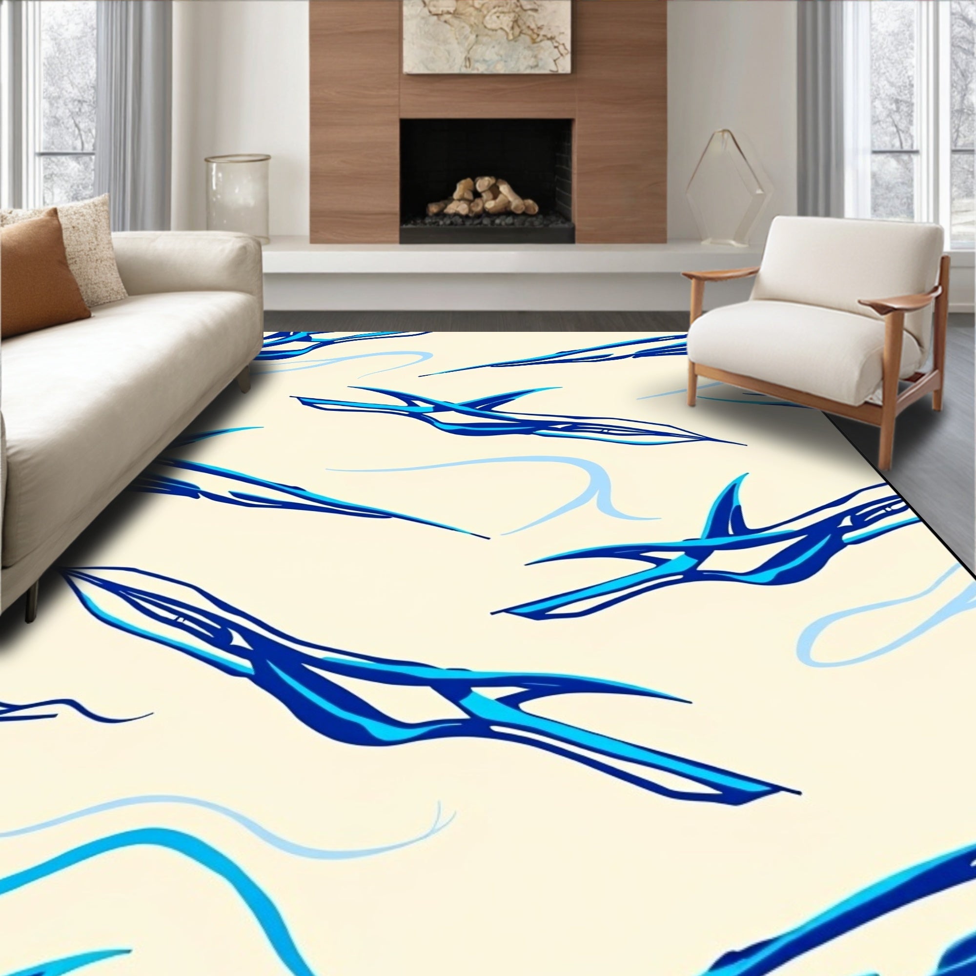 Abstract Blue Swirls Ivory Rug
